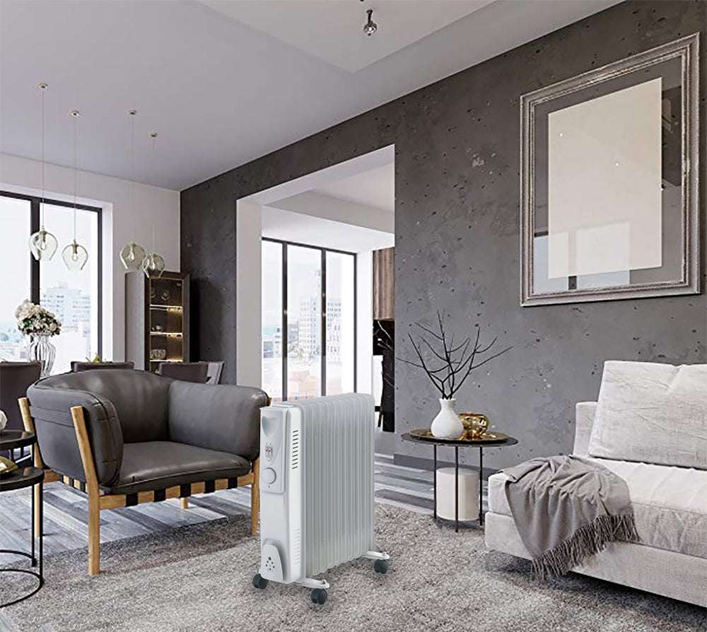 11 Fin Oil Column Heater 2400W with 3 Heat Settings & Wheels - Portable Space Heater for Bedroom, Living Room & Office - Energy Efficient Quiet Heating Solution for Winter