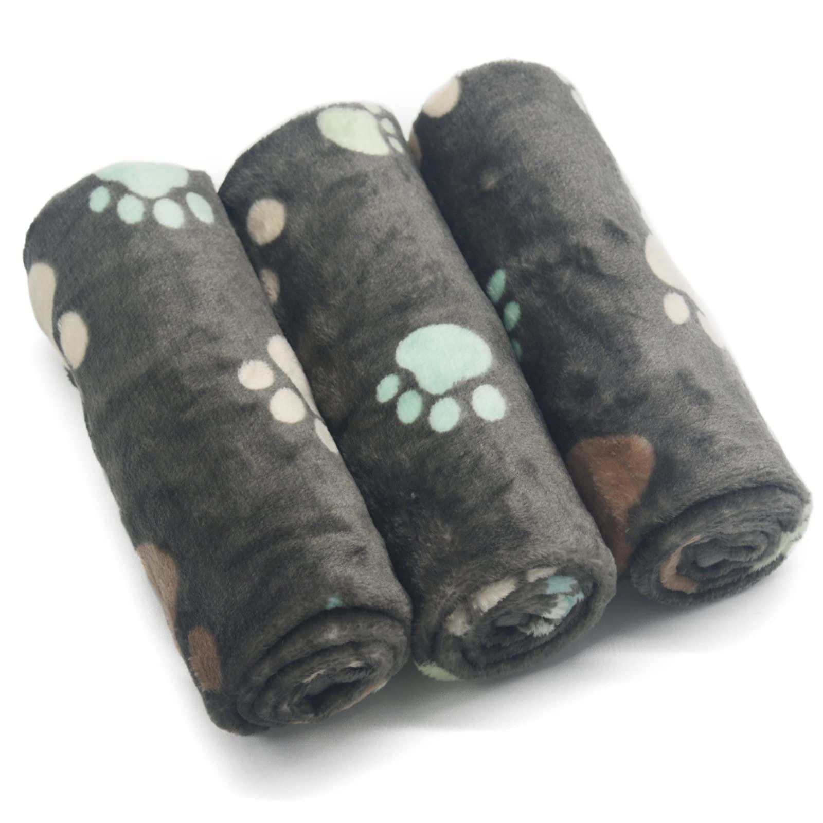 1 Pack 3 Super Soft Warm Fleece Pet Blankets with PAW Print - Grey Dog Blankets for Small Dogs & Puppies, Fluffy Cat Blanket (23