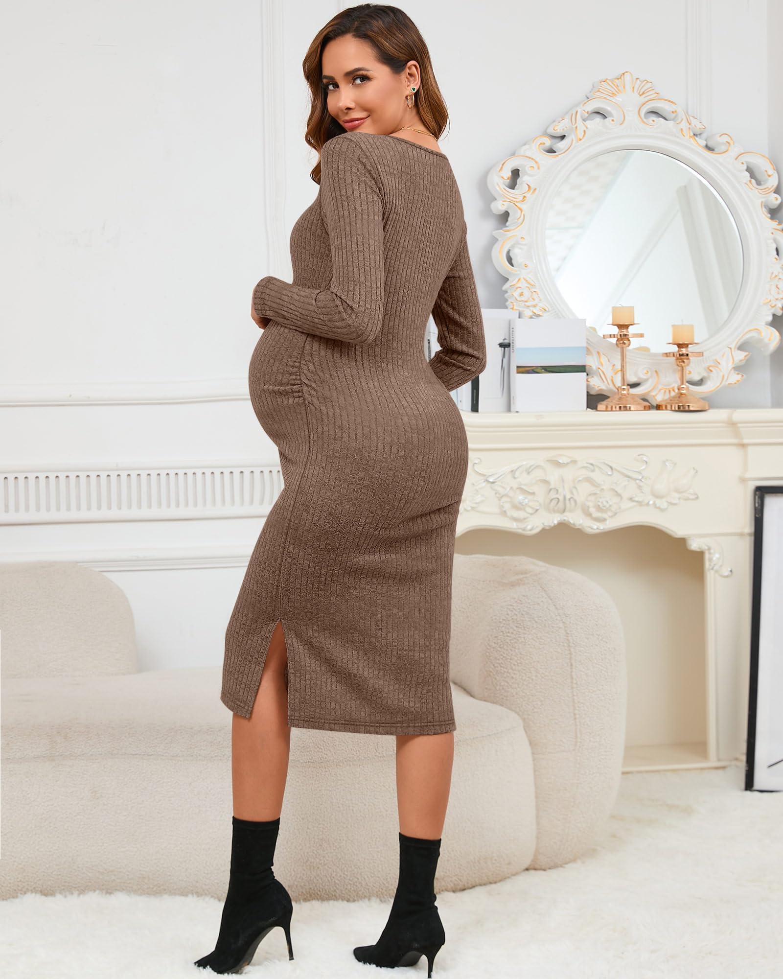 Ficerd Women's Ribbed Knit Maternity Dress - Long Sleeve Pregnancy Bodycon Dress with Side Split & Stretchy Fabric for Baby Shower, Nursing, and Everyday Wear