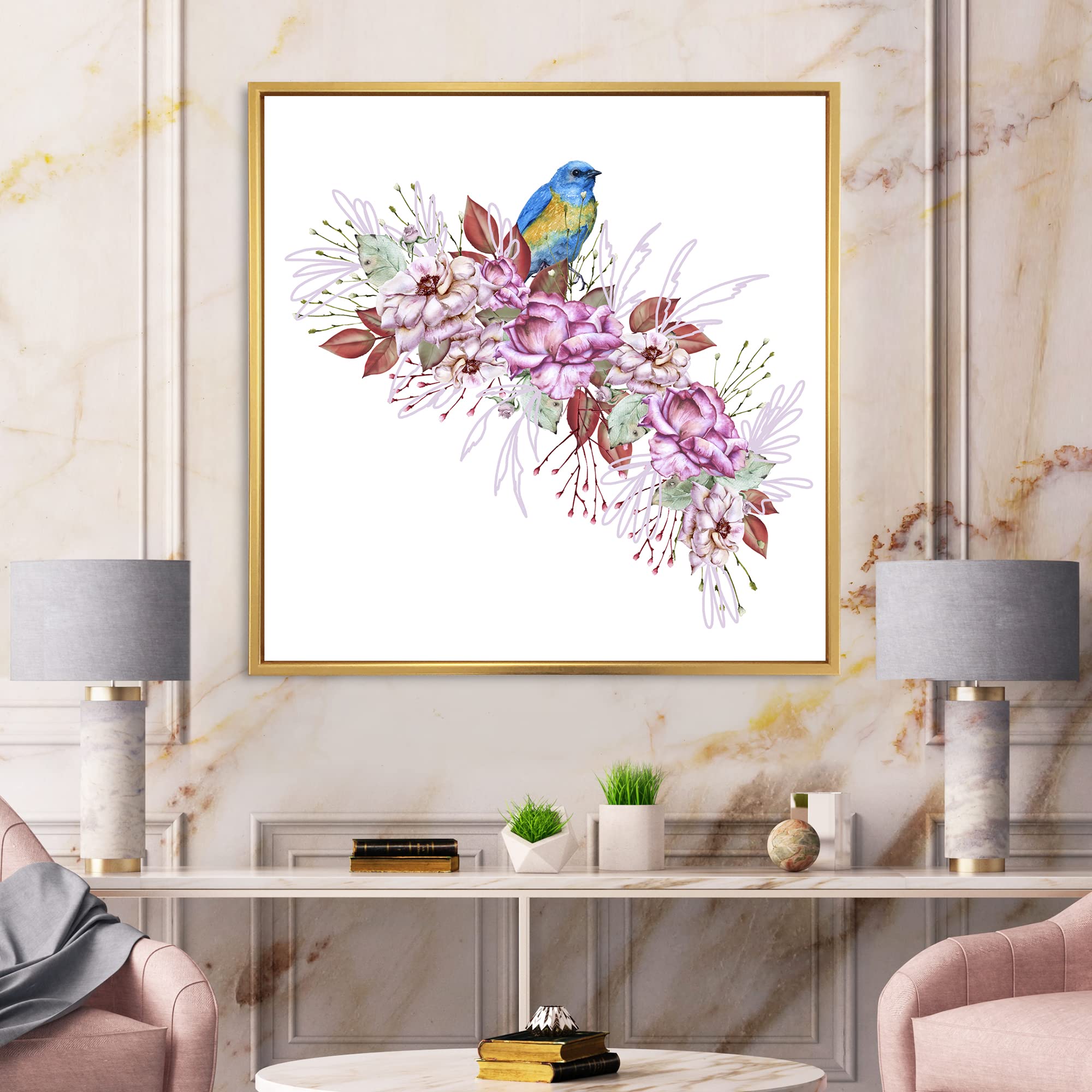 DesignQ Little Blue Bird on Flower Branch - Traditional Framed Canvas Wall Art Print for Living Room, Bedroom & Office Decor