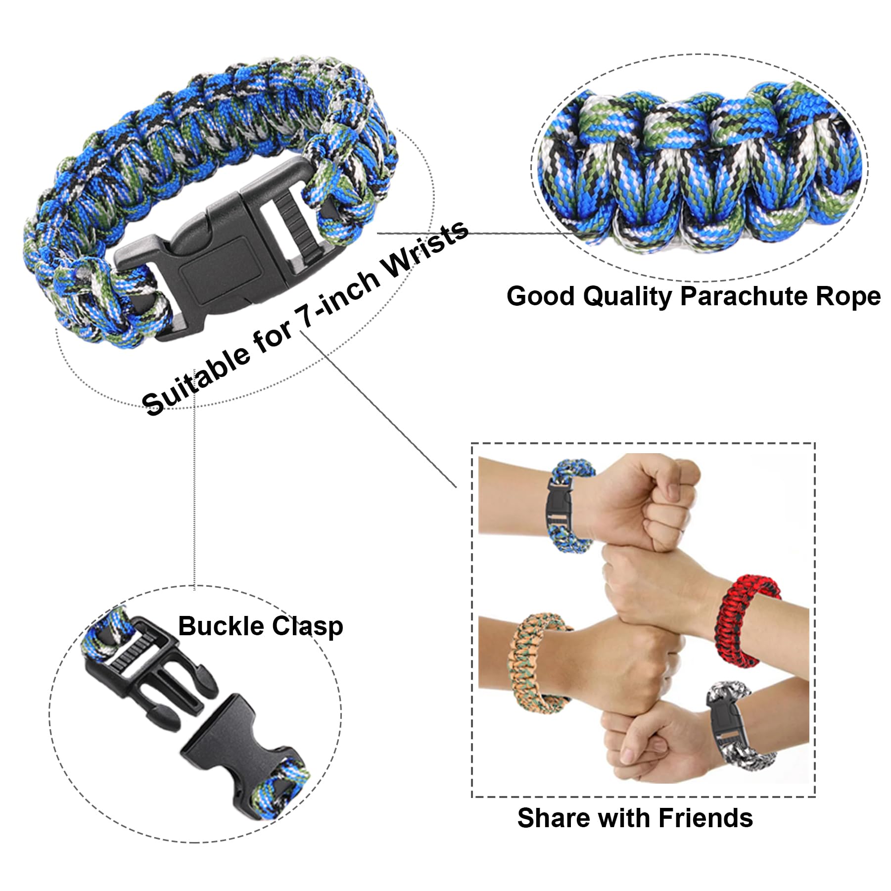 15-Pack Paracord Survival Bracelets for Men & Boys - Tactical Military Camo Braided Rope Bracelet - Army Theme Outdoor Gear for Camping, Hiking, Emergency Preparedness & Party Favors