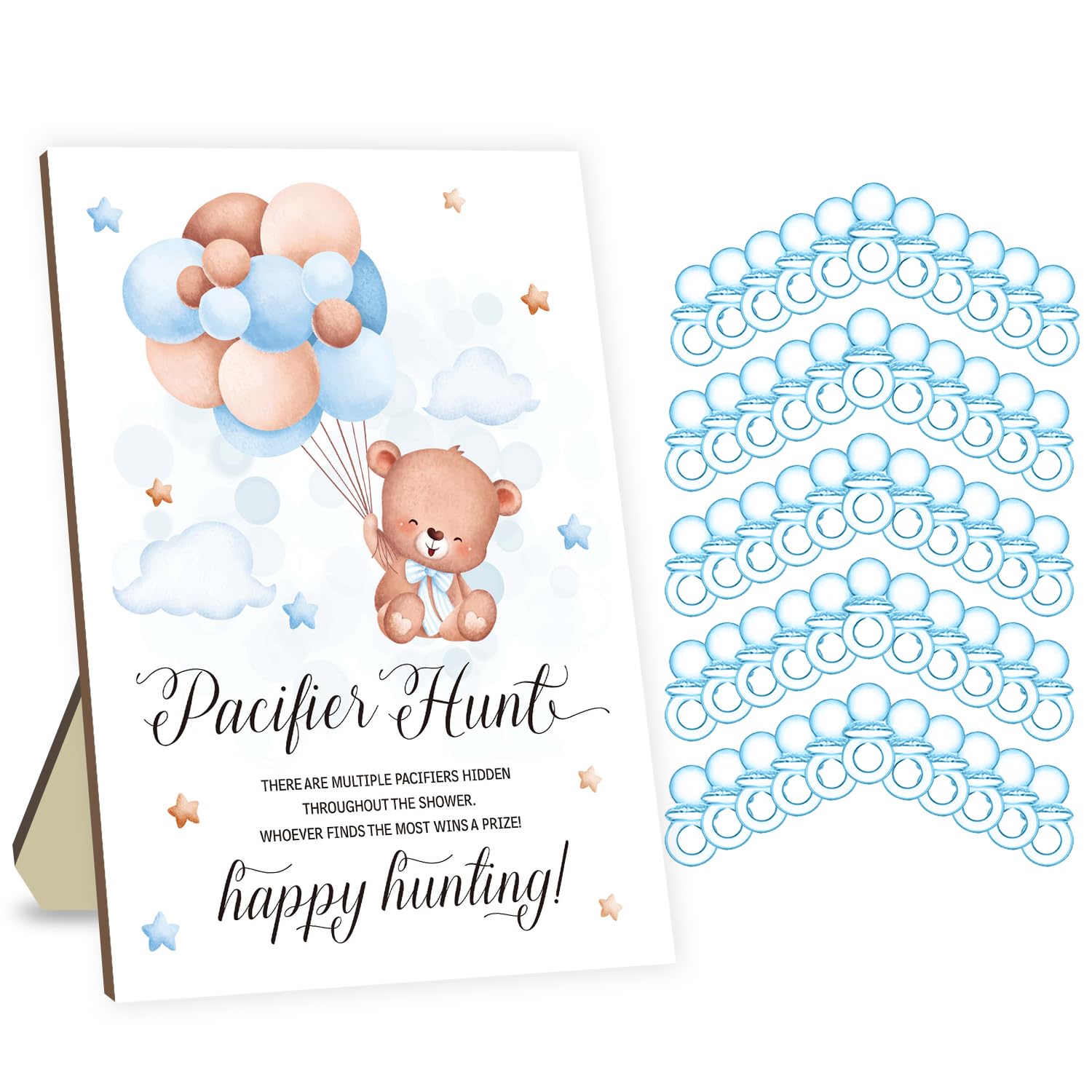 Baby Shower Pacifier Hunt Game Set - 50 Blue Acrylic Mini Pacifiers with Bear Sign - Fun Ice Breaker Activity for Gender Reveal & Newborn Celebrations