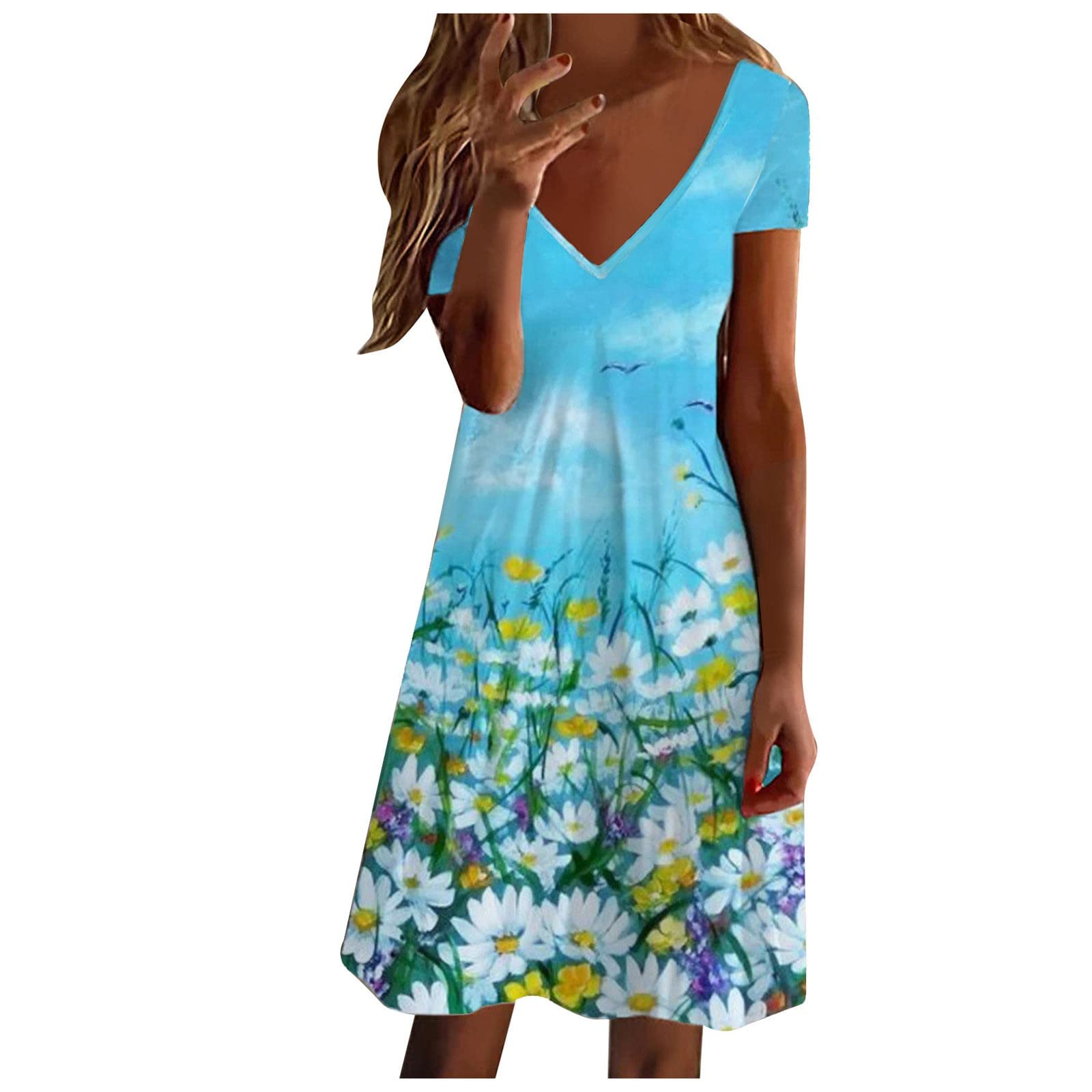 Axtheny Women's V-Neck Pleated Floral Summer Dress - Short Sleeve Casual Sundress for Beach, Vacation & Outdoor Parties | Flowy Midi Dress for Women
