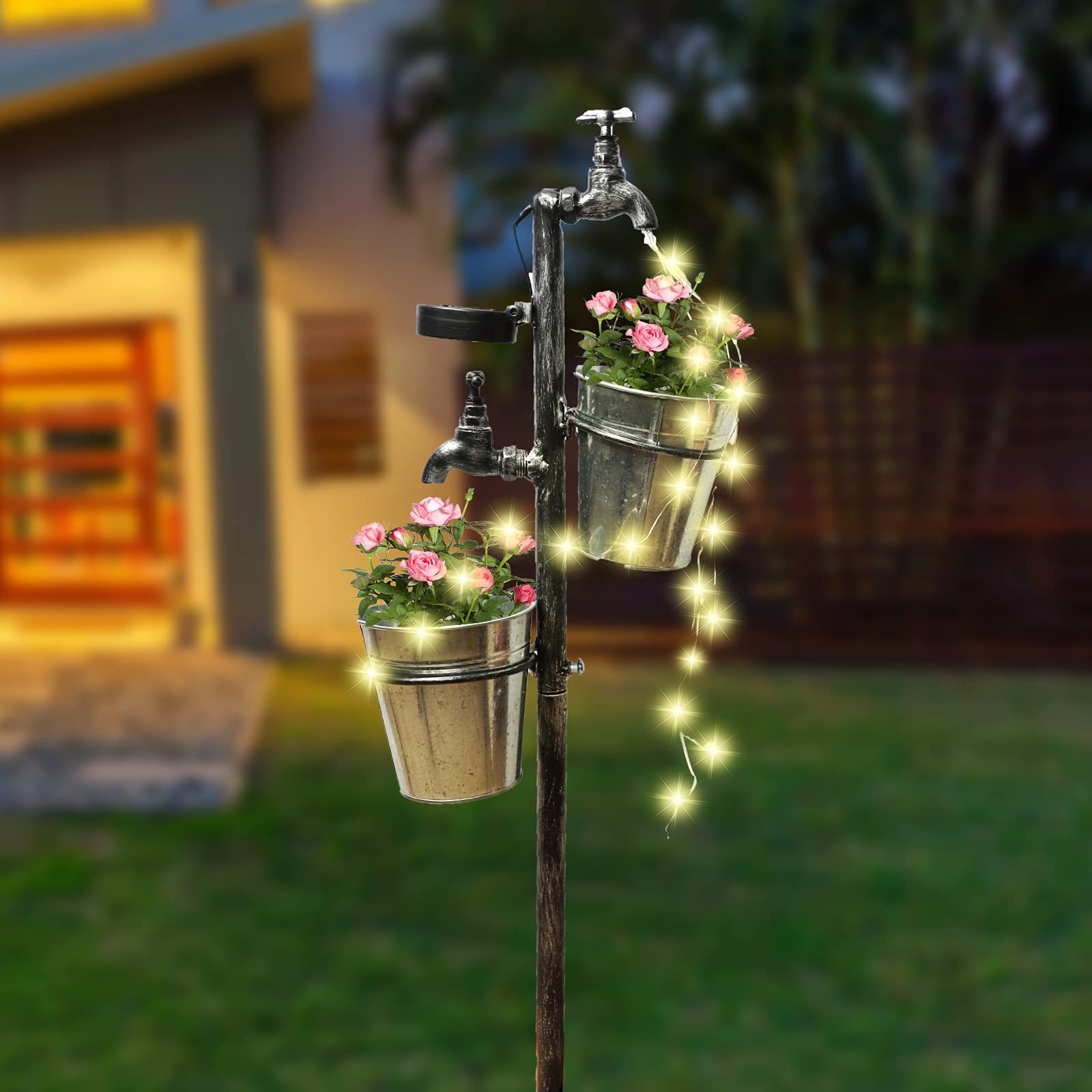MorTime Solar-Powered LED Garden Faucet Stake with 2 Planters - Retro Metal Watering Can Yard Decor for Lawn, Patio & Outdoor Spaces | Perfect for Flower Beds, Pathways & Garden Lighting
