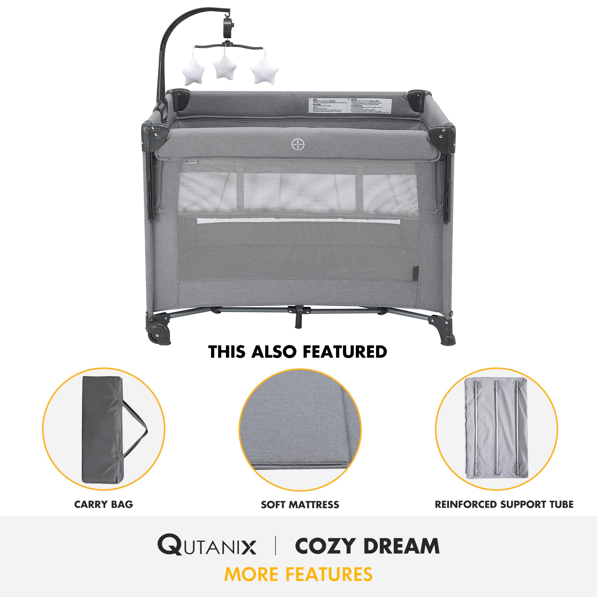 2-in-1 Baby Playard & Portable Crib with Bassinet - Easy Fold Playpen with Music Mobile for Newborn to Toddlers, Grey | Perfect for Nursery, Travel & Daycare Use