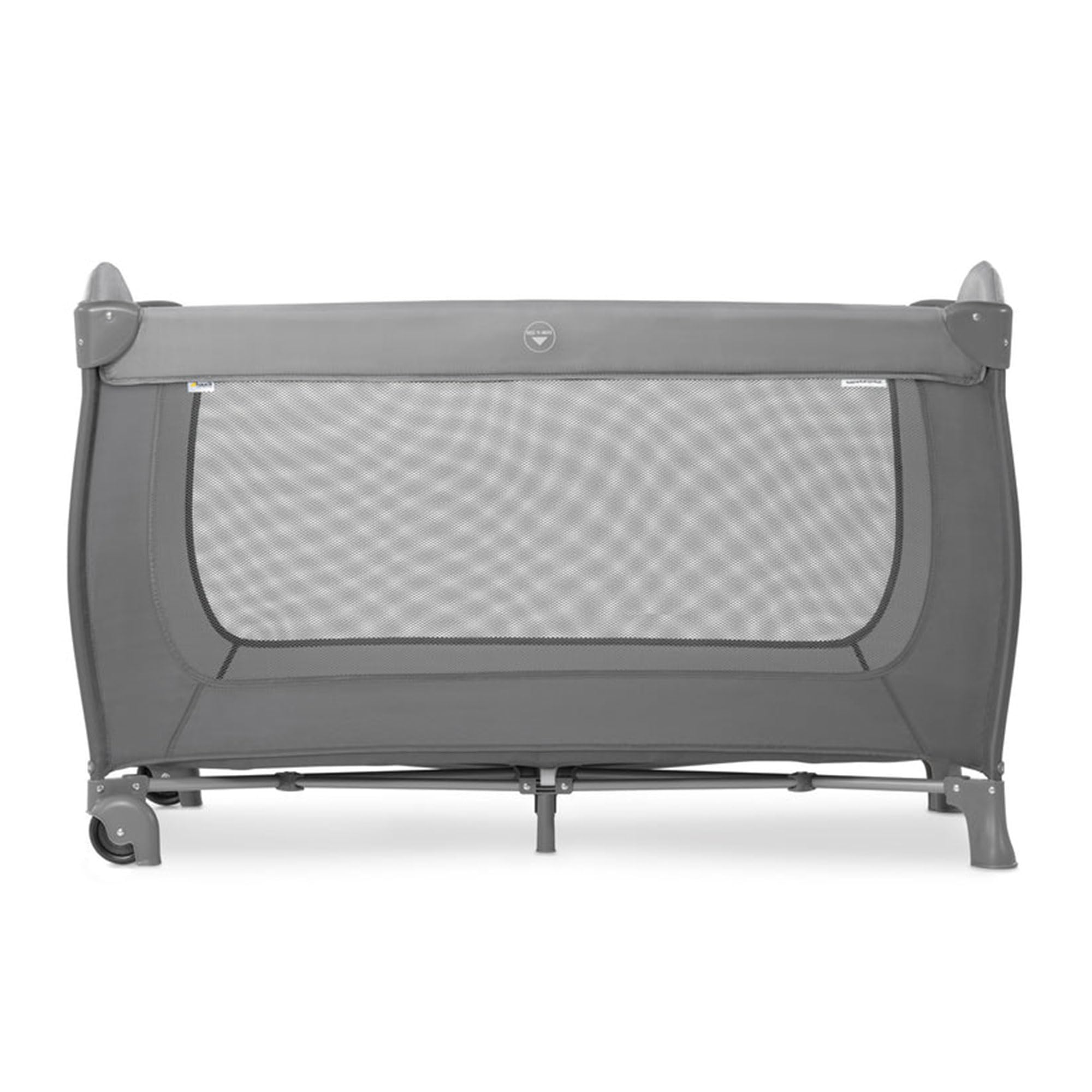 Hauck Sleep N Play Go Plus Portable Baby Travel Cot with Wheels - Lightweight Folding Crib with Mattress, Large Mesh Windows & Side Door for Infants & Toddlers (Gray) - Perfect for Travel, Nursery & Daycare Use