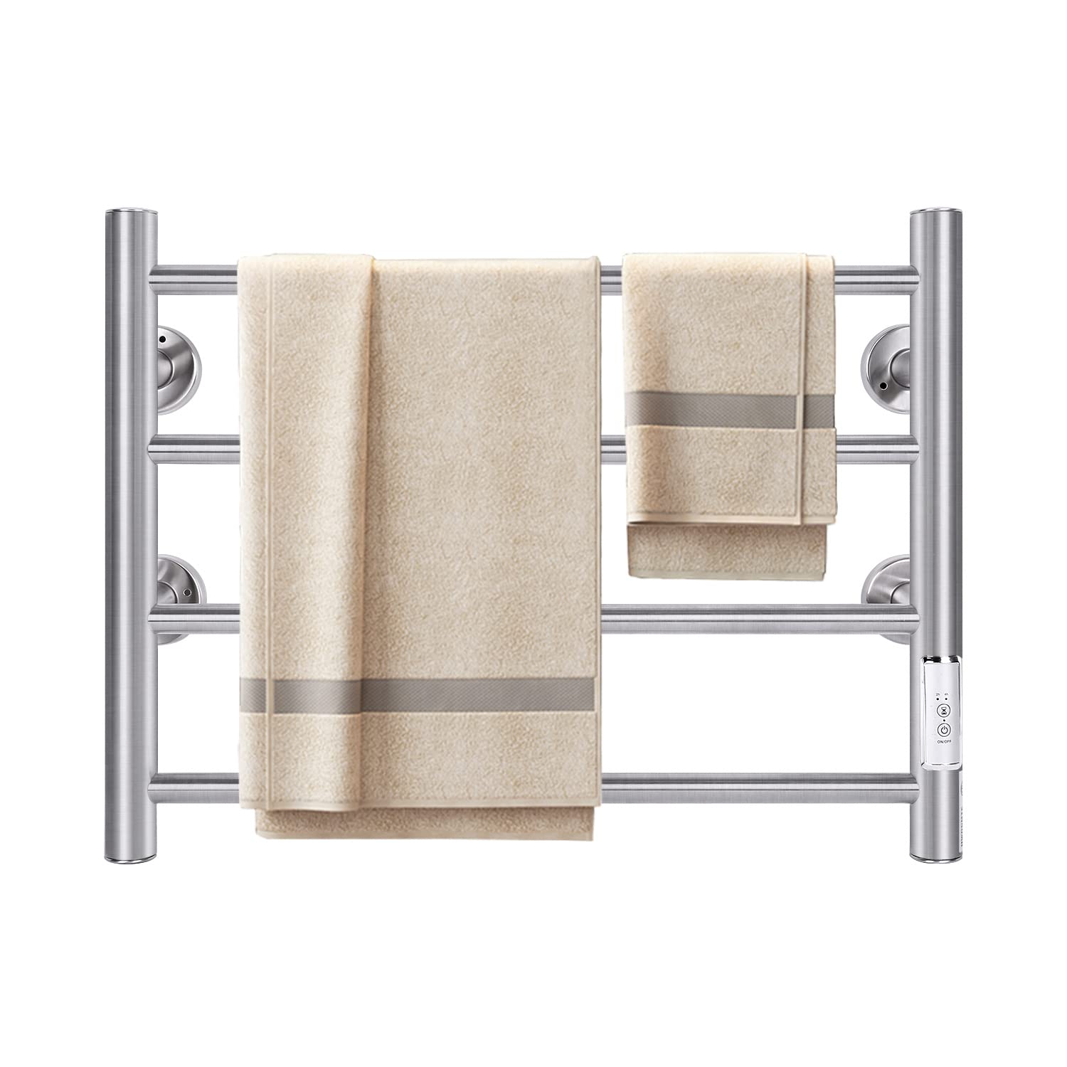 JSLOVE Wall Mounted Heated Towel Rack - Stainless Steel Towel Warmer with Built-in Timer, Plug-in/Hardwired (Silver, 4 Bars) - Perfect for Bathroom, Spa, Gym & Luxury Home Use