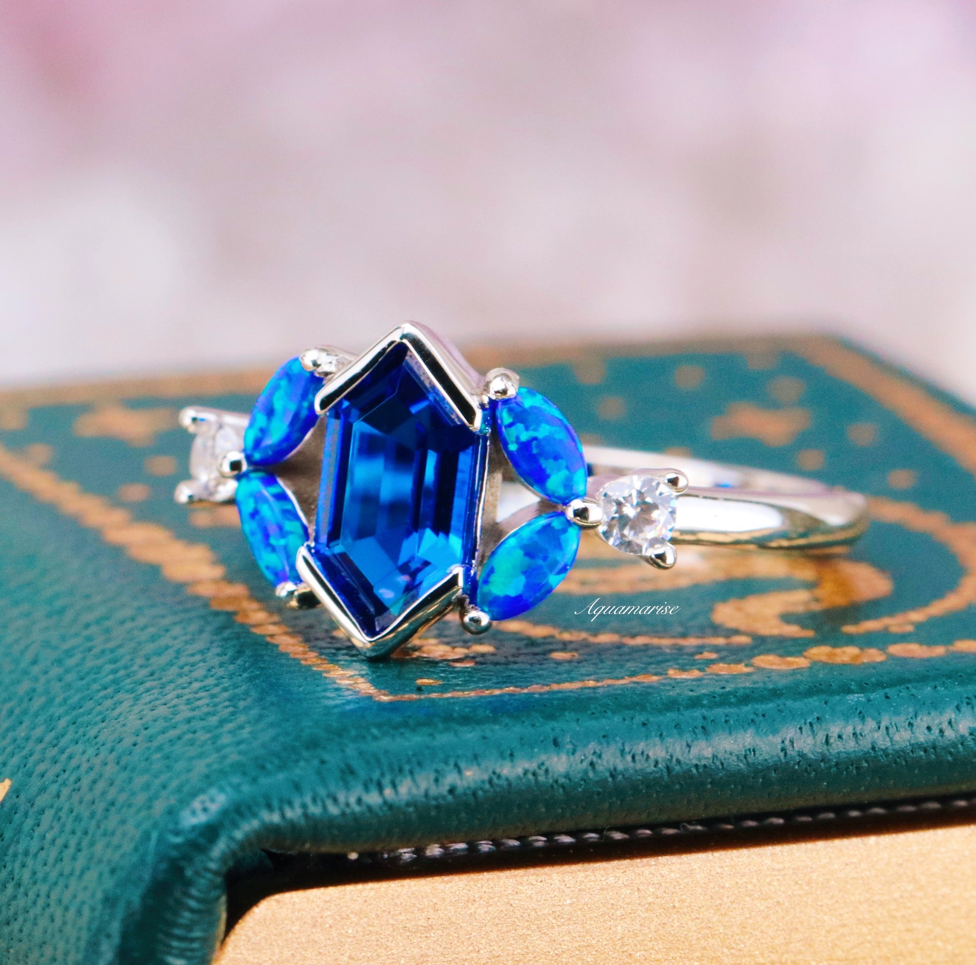 Blue Fire Opal & Sapphire Couples Ring - Matching Wedding Bands for Him & Her - Elegant Promise Rings for Anniversaries, Engagements & Romantic Gifts