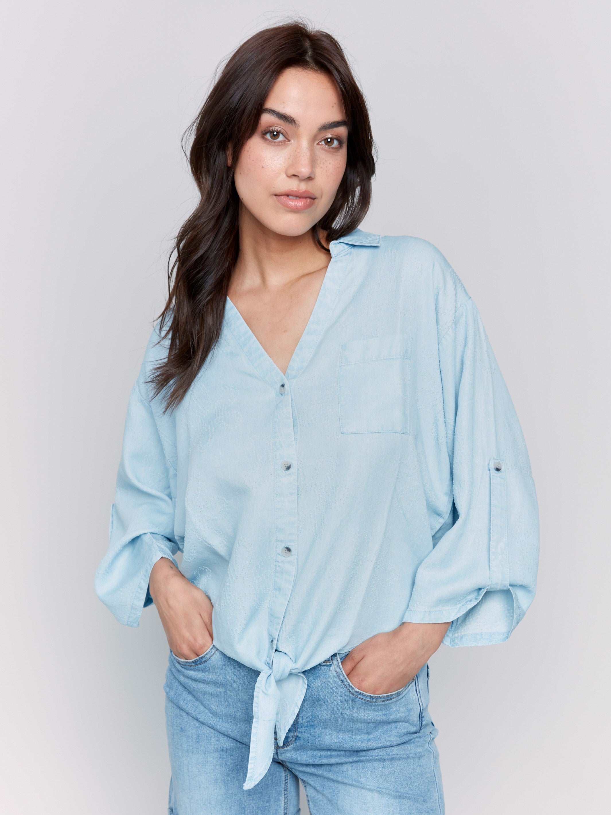Stylish Tencel Button Front Blouse with Front Tie - Chambray Blue Women's Top for Work, Date Night & Casual Outings