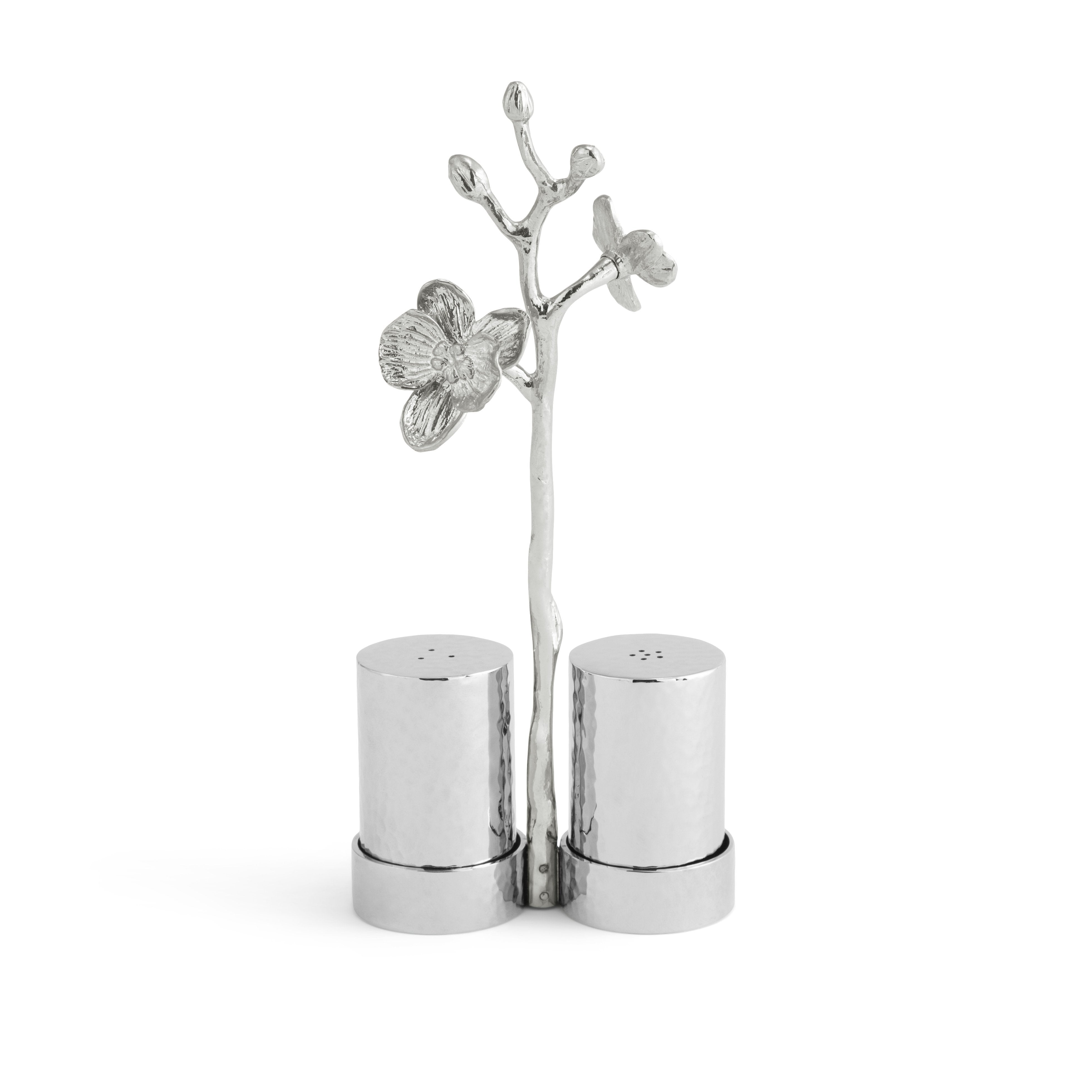 Elegant White Orchid Salt and Pepper Shaker Set - Premium Silver Stainless Steel - Perfect for Dining Table, Kitchen, and Gift Giving