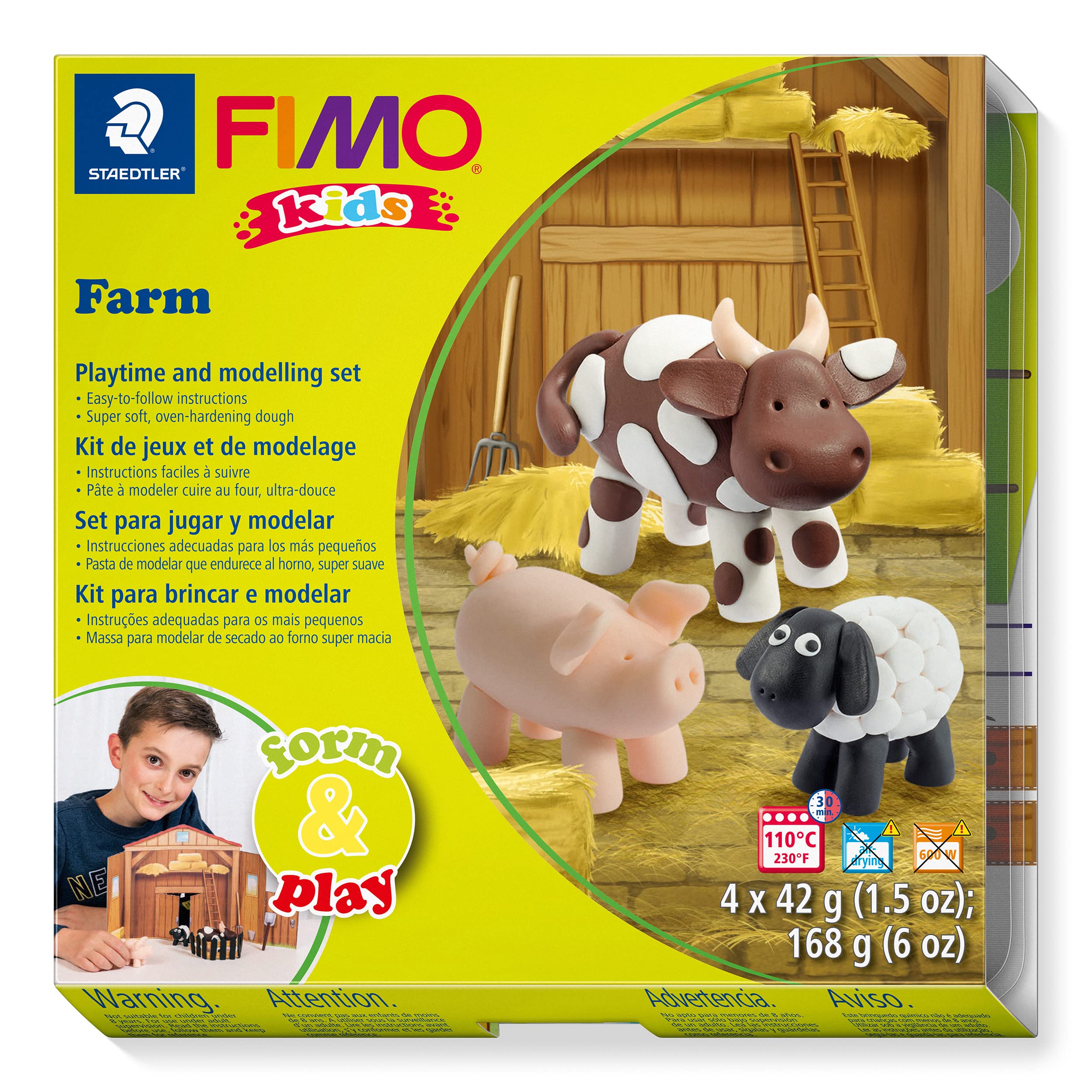 STAEDTLER 8034 01 LZ FIMO Kids Form & Play Polymer Clay Modeling Kit - Farm Theme (4 Clay Blocks, Tools, Stickers & Background) | Creative Art & Craft Activity for Children, DIY Farm Animal Sculpting, Educational Playtime Gift