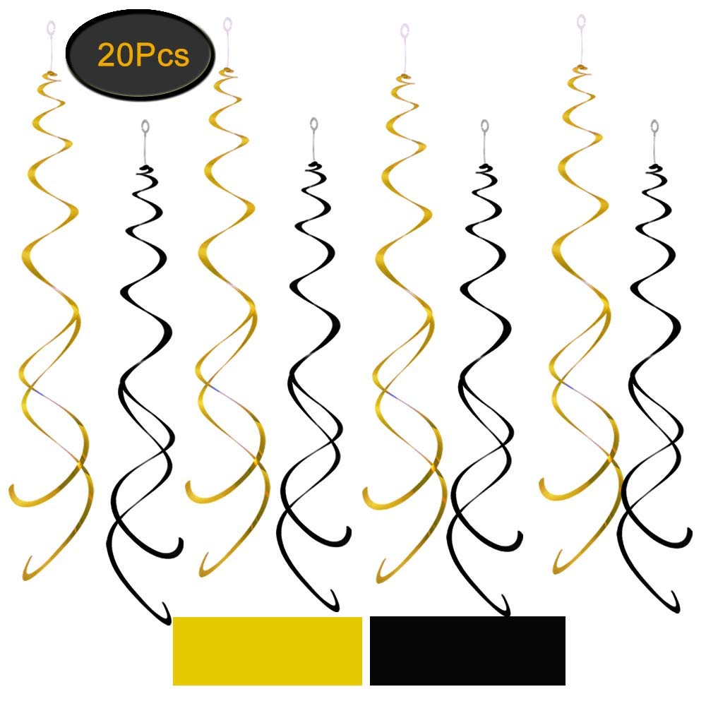 Black and Gold Party Swirl Decorations - 20 Pack Foil Ceiling Hanging Whirls for Birthday, Wedding & Holiday Celebrations