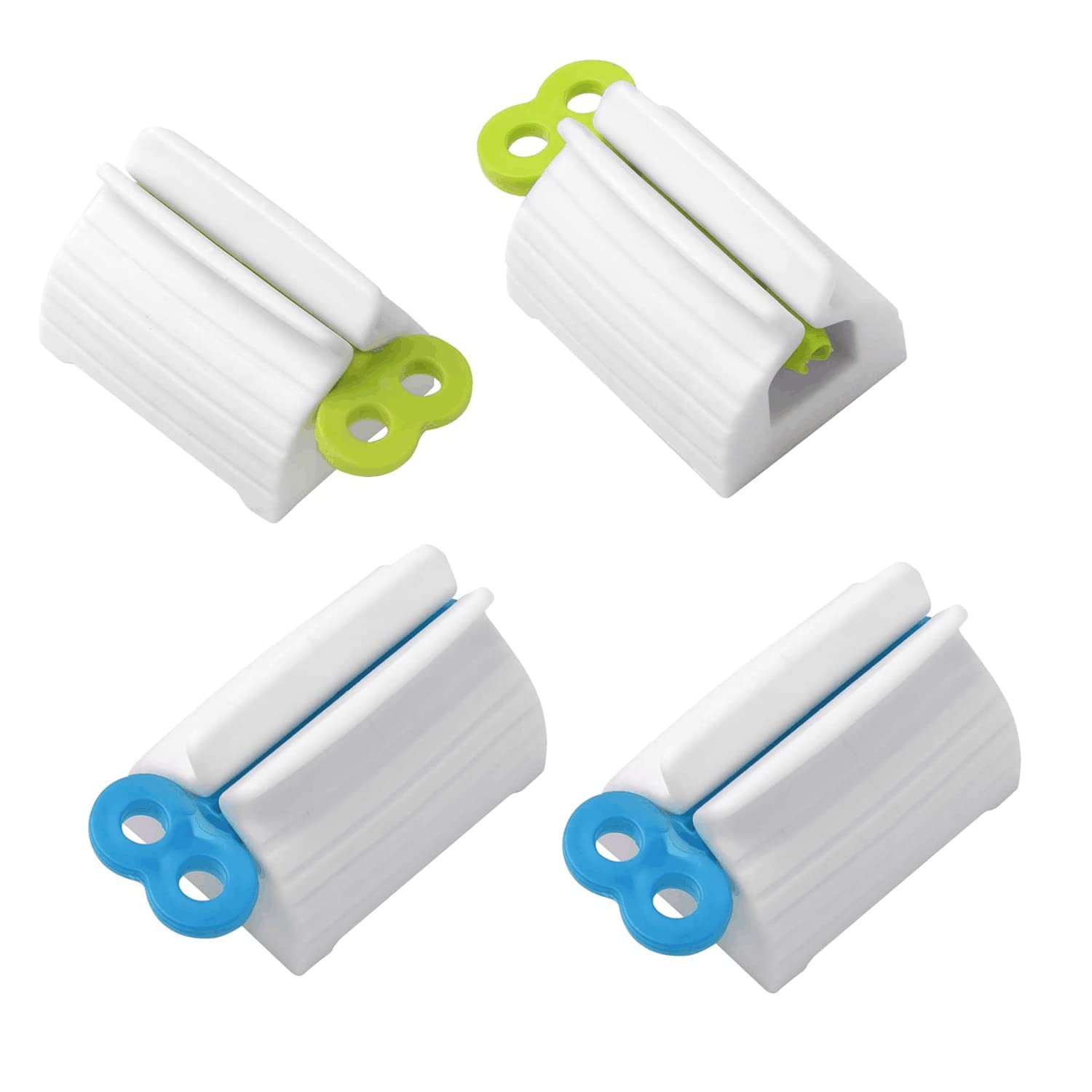 Rolling Tube Toothpaste Squeezer Holder - 4 Pack (2 Blue & 2 Green) - Bathroom Organizer for Countertop, Vanity & Travel - Space Saving Toothpaste Dispenser for Tidy Sink Area