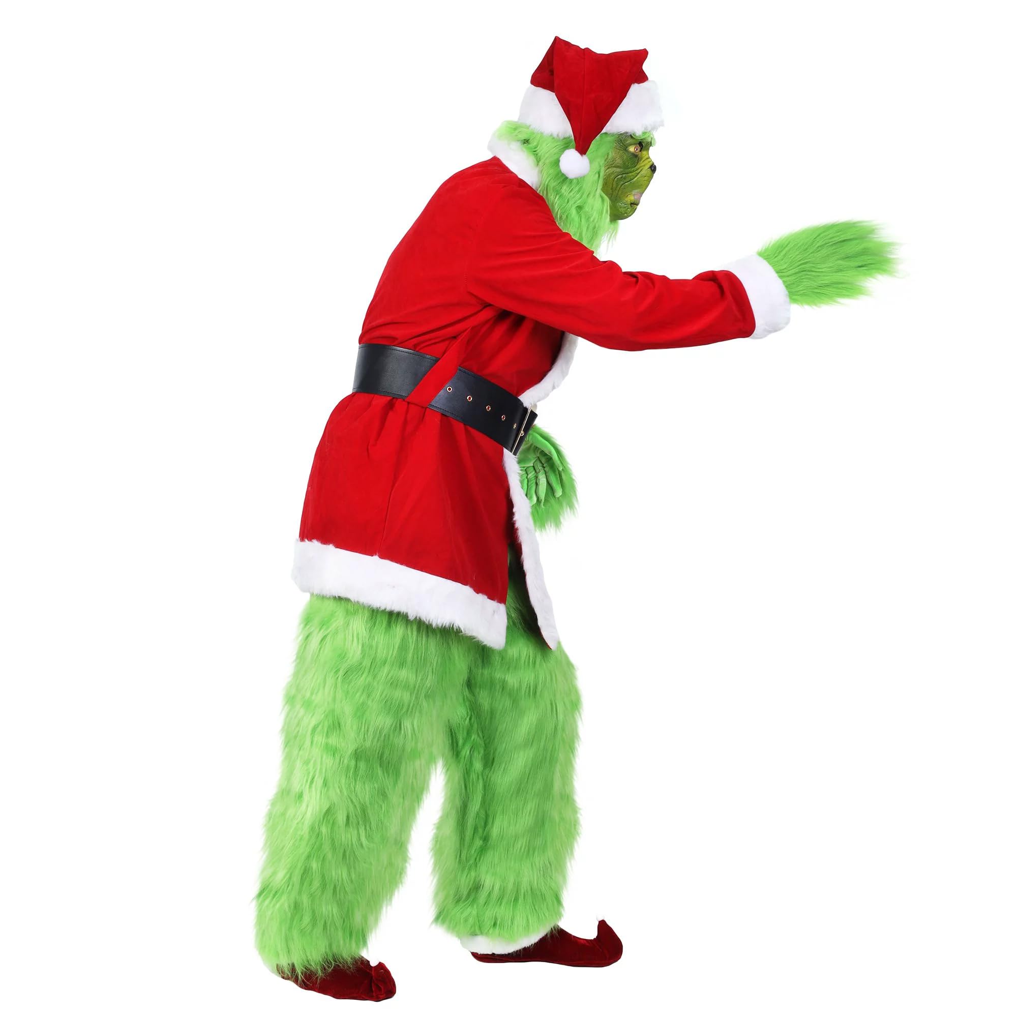 Deluxe 7-Piece Green Christmas Monster Santa Costume Set with Mask - Funny Adult Cosplay Outfit for Halloween, Christmas Parties & Themed Events
