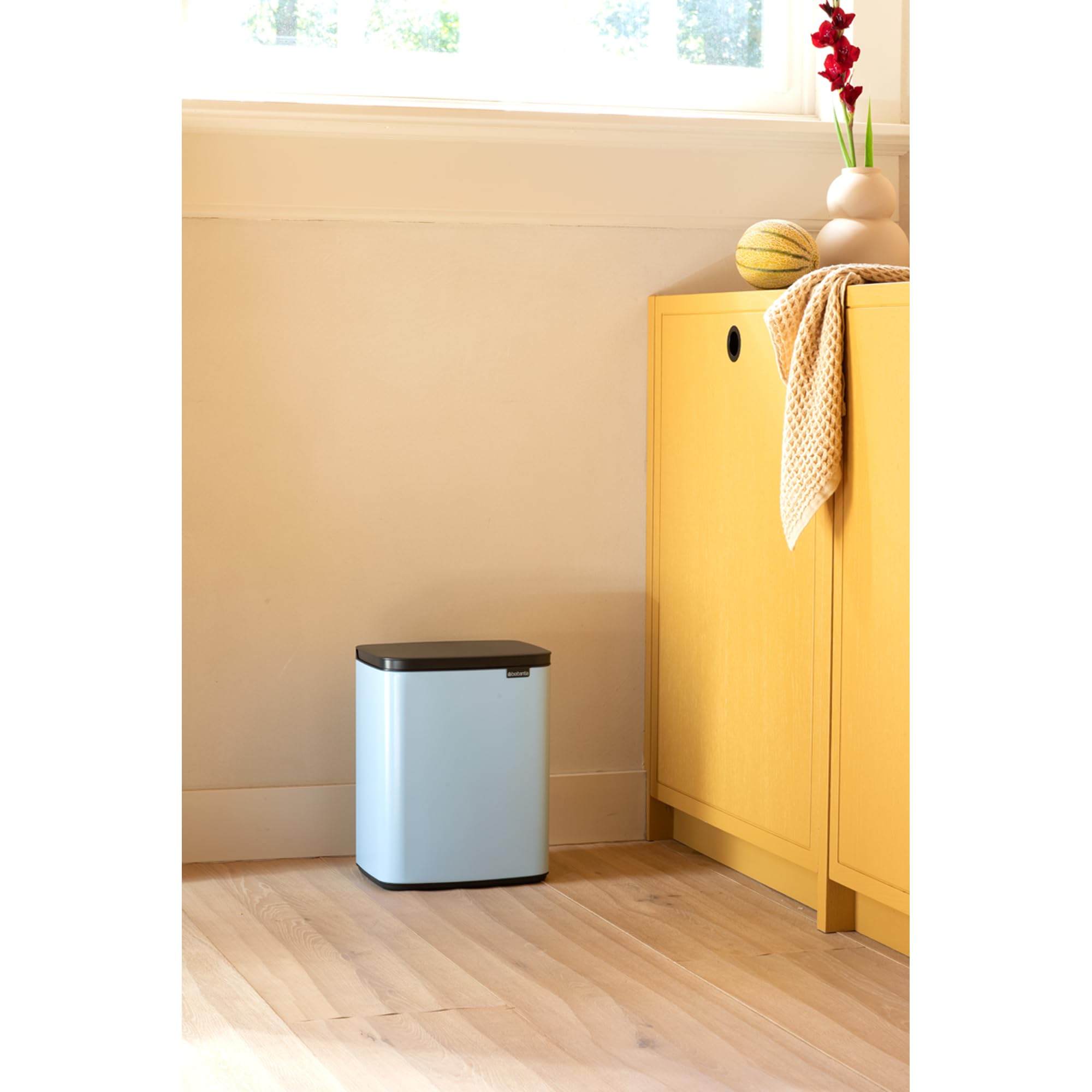 Brabancia 223563 3.6 Gallon (12L) Manual Trash Can with Lid - Water Resistant, Compact Size 11.6x9.1x14.8 Inches - Made in Belgium, Drimmy Blue   Perfect for Kitchen, Bathroom, Office or Dorm Room - Durable Waste Bin with Secure Lid for Odor Control and Spill Prevention