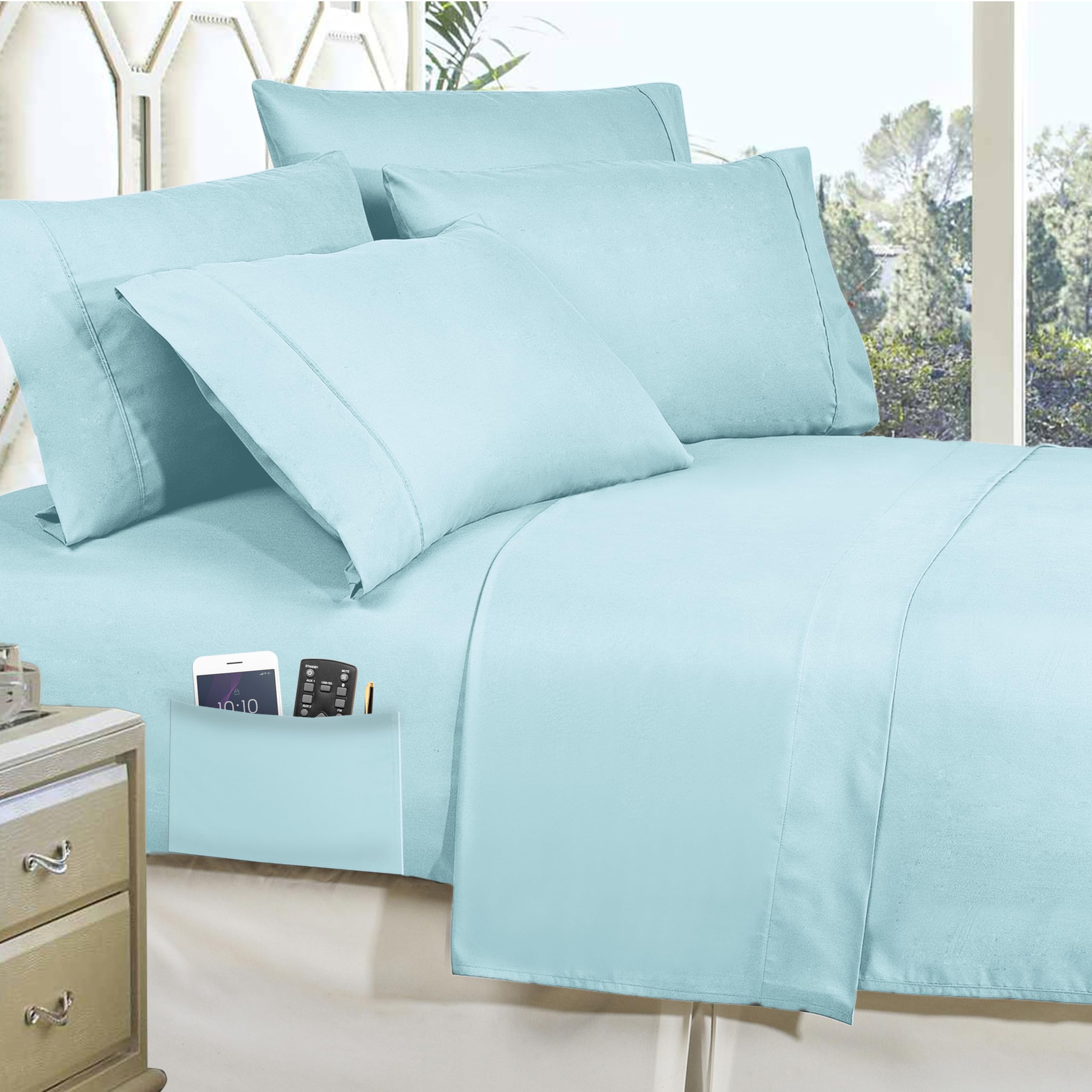 Luxury 6-Piece Bed-in-a-Bag Comforter Set - Ultra Soft Microfiber Bedding with Double-Sided Storage Pockets, Twin/Twin XL, Aqua Blue - Perfect for Guest Rooms, Dorms & Cozy Bedroom Makeovers