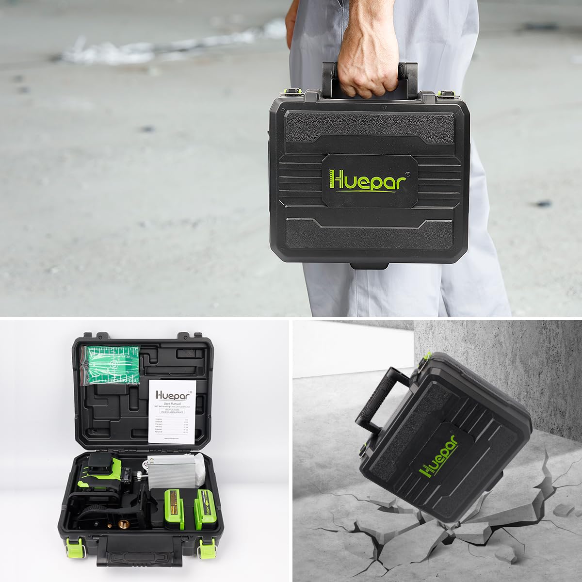 Huepar 4D Self-Leveling Green Beam Laser Level - 16 Lines Cross Line Tiling Tool with 2x360° Horizontal & Vertical Lasers, 2 Li-ion Batteries & Hard Case - Perfect for Flooring, Construction, and DIY Projects - LS04CG