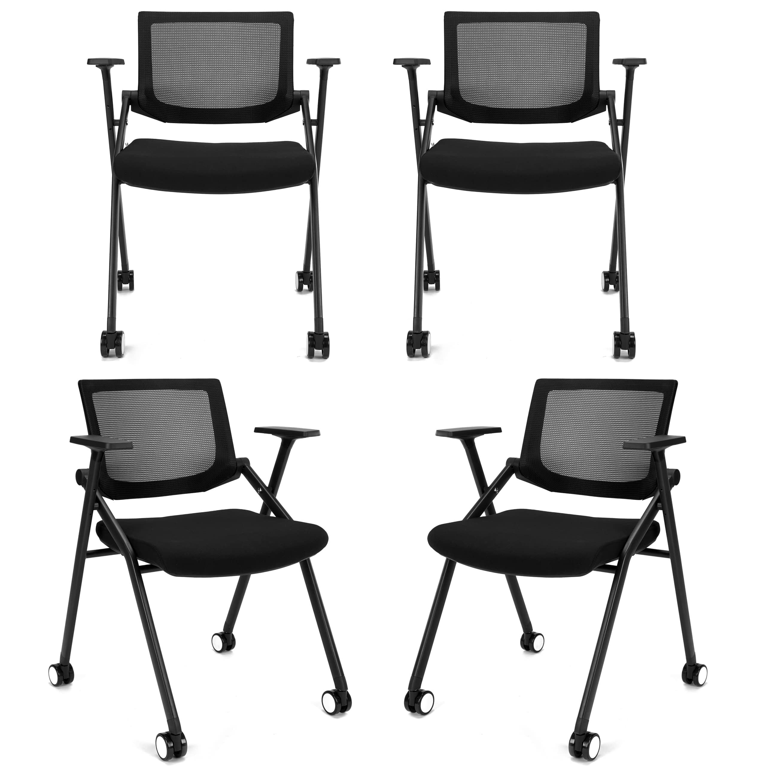 4 Pack Stackable Conference Room Chairs with Wheels - Ergonomic Mesh Back Office Chairs with Adjustable Arms & Paddle for Meeting, Training, Reception & Home Office - Perfect for Conference Rooms, Coworking Spaces & Home Workstations