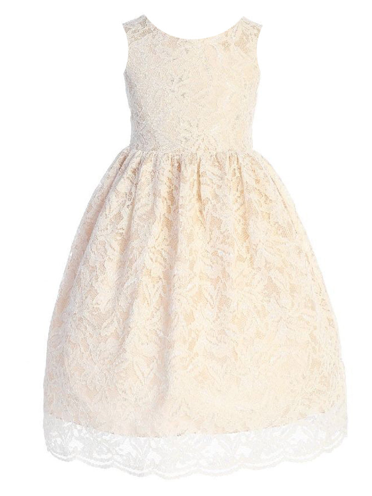Champagne Lace V-Back Junior Bridesmaid Dress for Big Girls - Sizes 8-14 | Perfect for Weddings, Prom & Special Occasions