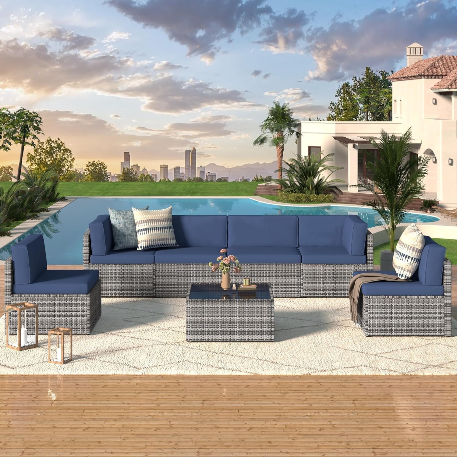 U-MAX 7-Piece Outdoor Patio Furniture Set - PE Rattan Wicker Sectional Sofa with Cushions & Coffee Table - Grey Rattan & Navy Blue Cushions - Perfect for Garden, Poolside, and Backyard Relaxation