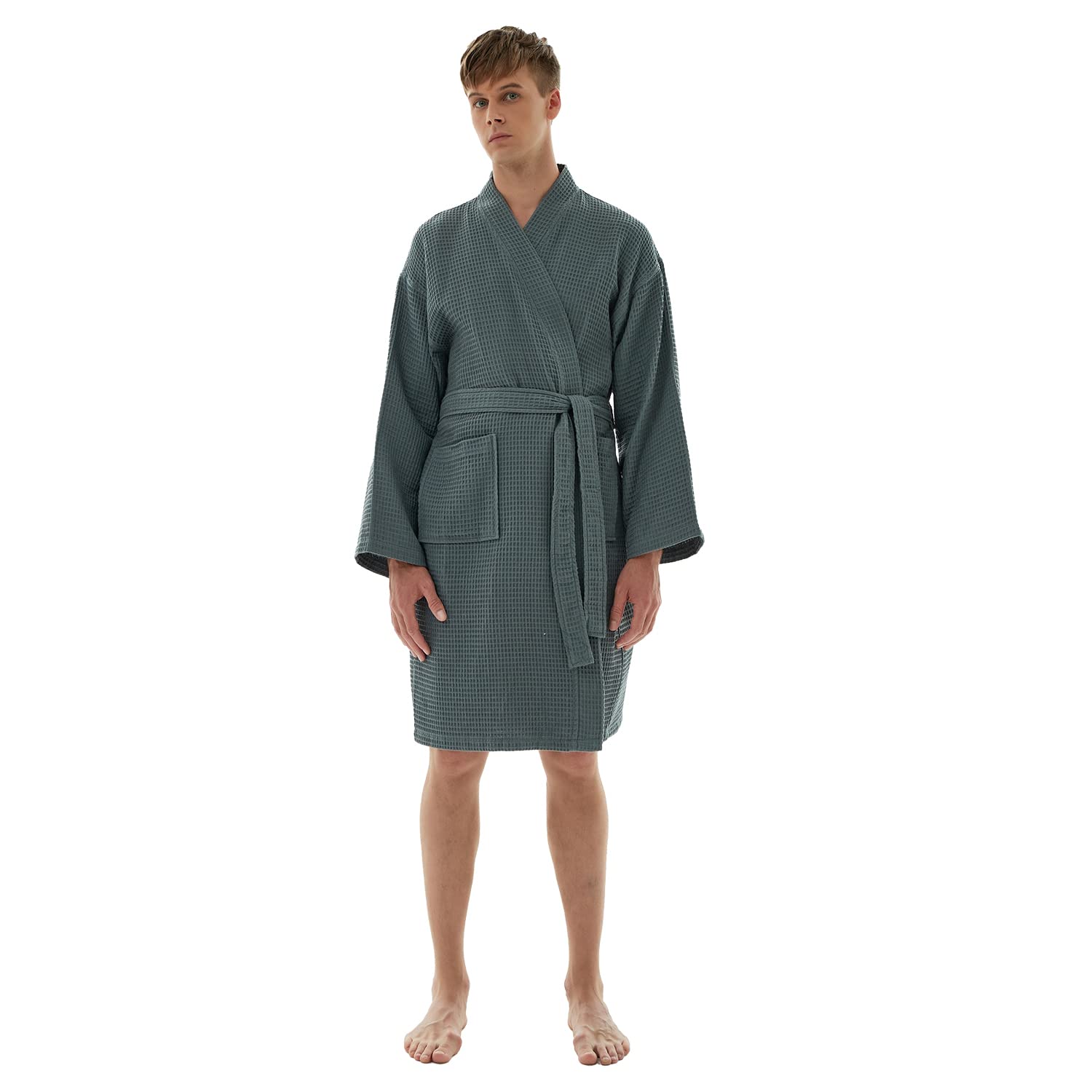 Higorl Men's 100% Cotton Waffle Bathrobe - Soft Spa Kimono Robe for Relaxation, Knee-Length Sleepwear, Small, White - Perfect for Home, Spa & Lounging
