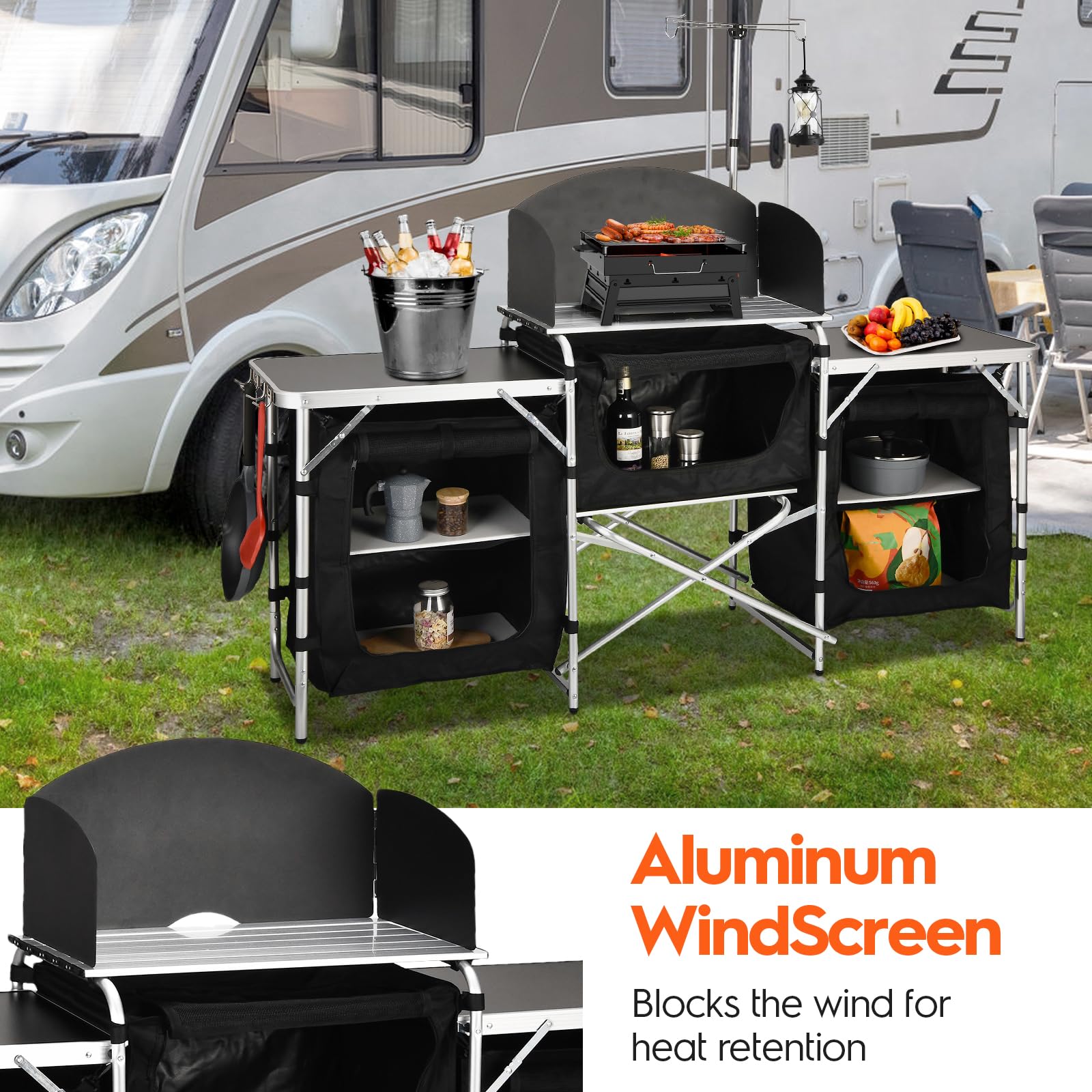 Portable Folding Camping Table with Storage Bag - 3-in-1 Outdoor Kitchen Station with Windshield & Storage Cupboards - Perfect for Camping, BBQ, Picnic, Backpacking & Outdoor Cooking Adventures