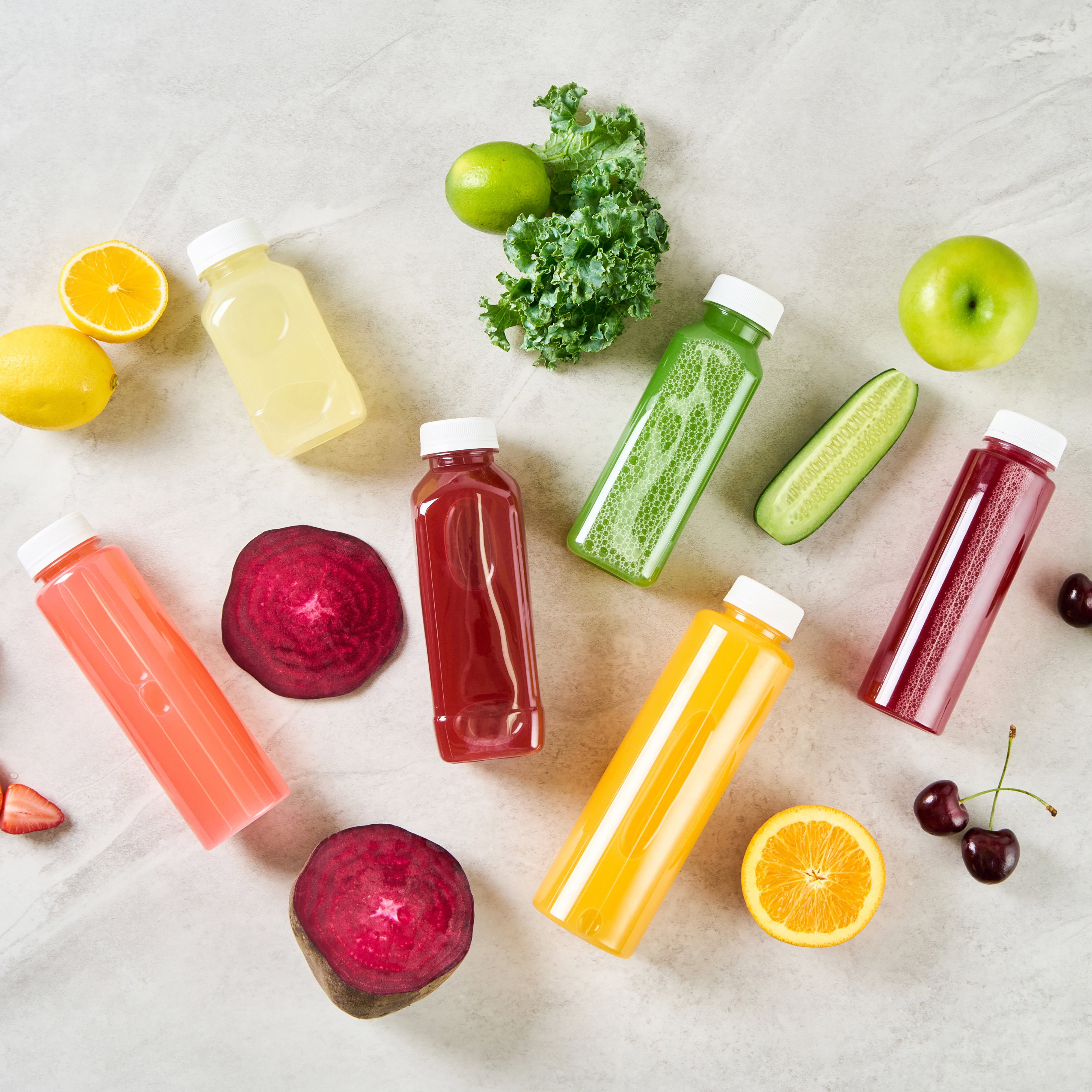 16 oz Square Clear Plastic Cold Pressed Juice Bottles with Safety Cap - 2.25