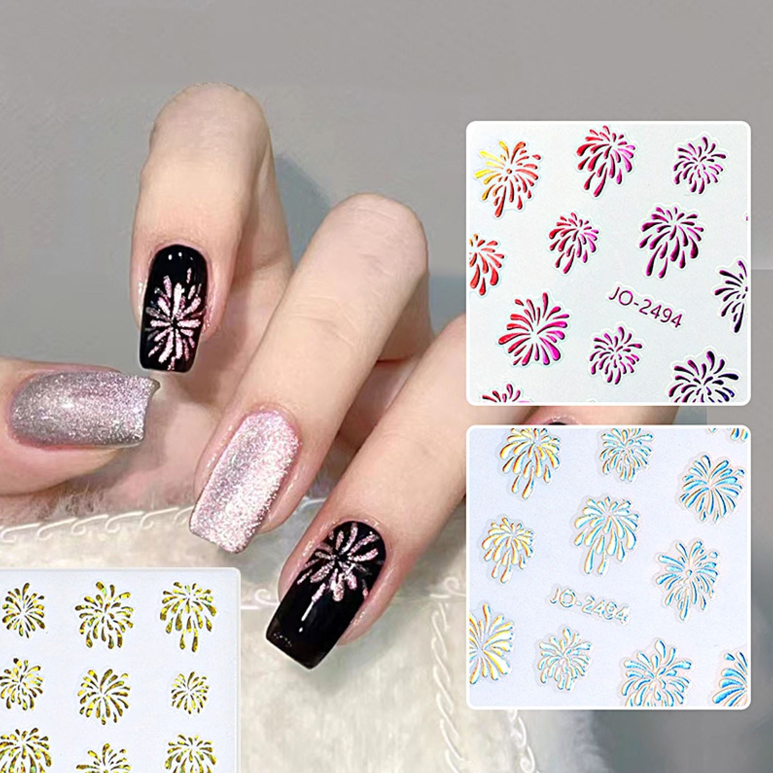 Fireworks Nail Art Stickers - Self-Adhesive Nail Decals for DIY Manicure - Perfect for Parties, Holidays & Special Occasions
