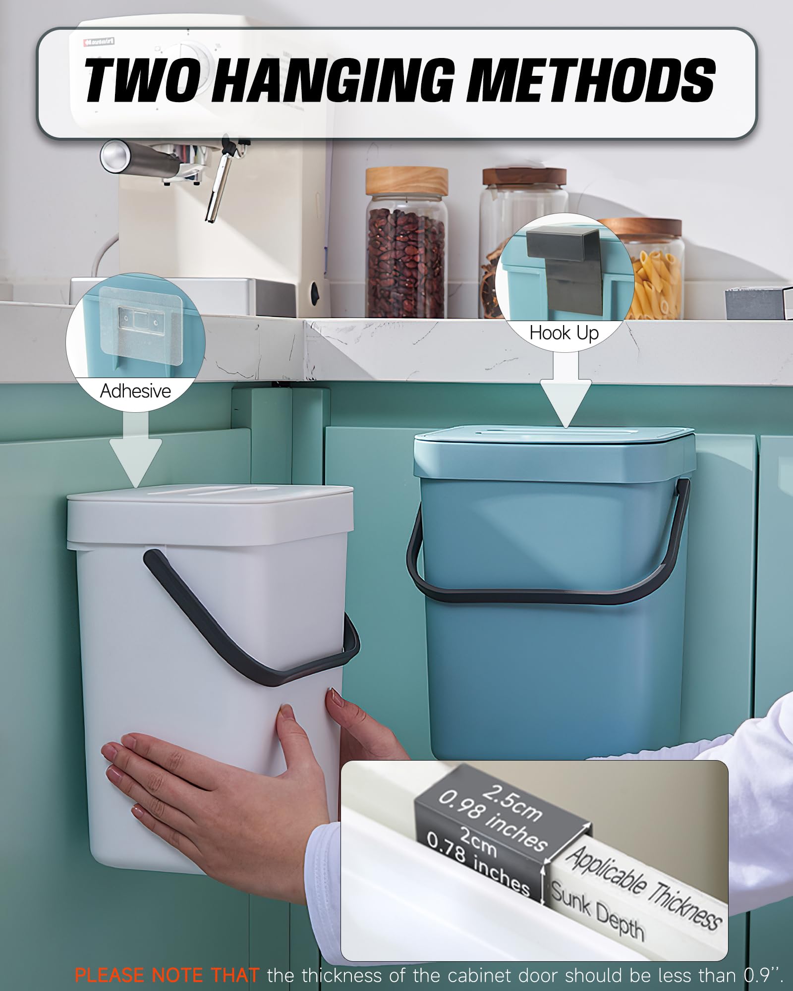 Eco-Friendly Indoor Compost Bin - 1.3 Gallon (5L) Hanging Small Trash Can with Lid for Kitchen & Bathroom, Under Sink Waste Basket, Countertop Compost Bucket - Perfect for Organic Waste Recycling, Food Scraps Collection & Sustainable Living (White)