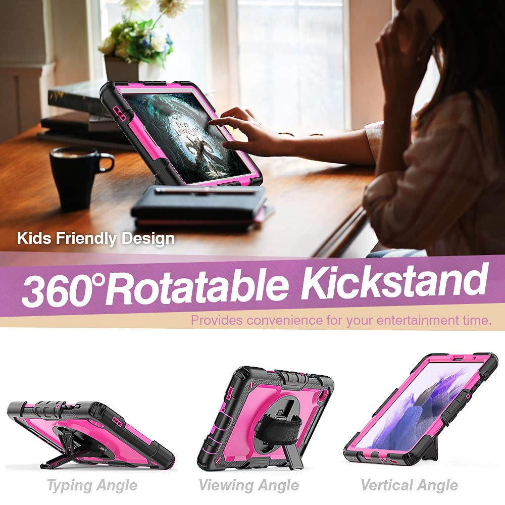 Shockproof Silicone Case for Samsung Galaxy Tab A7 Lite 8.7 Inch 2021 (SM-T220/T225/T227) with Screen Protector, Pencil Holder & 360 Stand - Perfect for Kids, Travel & Home Use - Black + Rosy