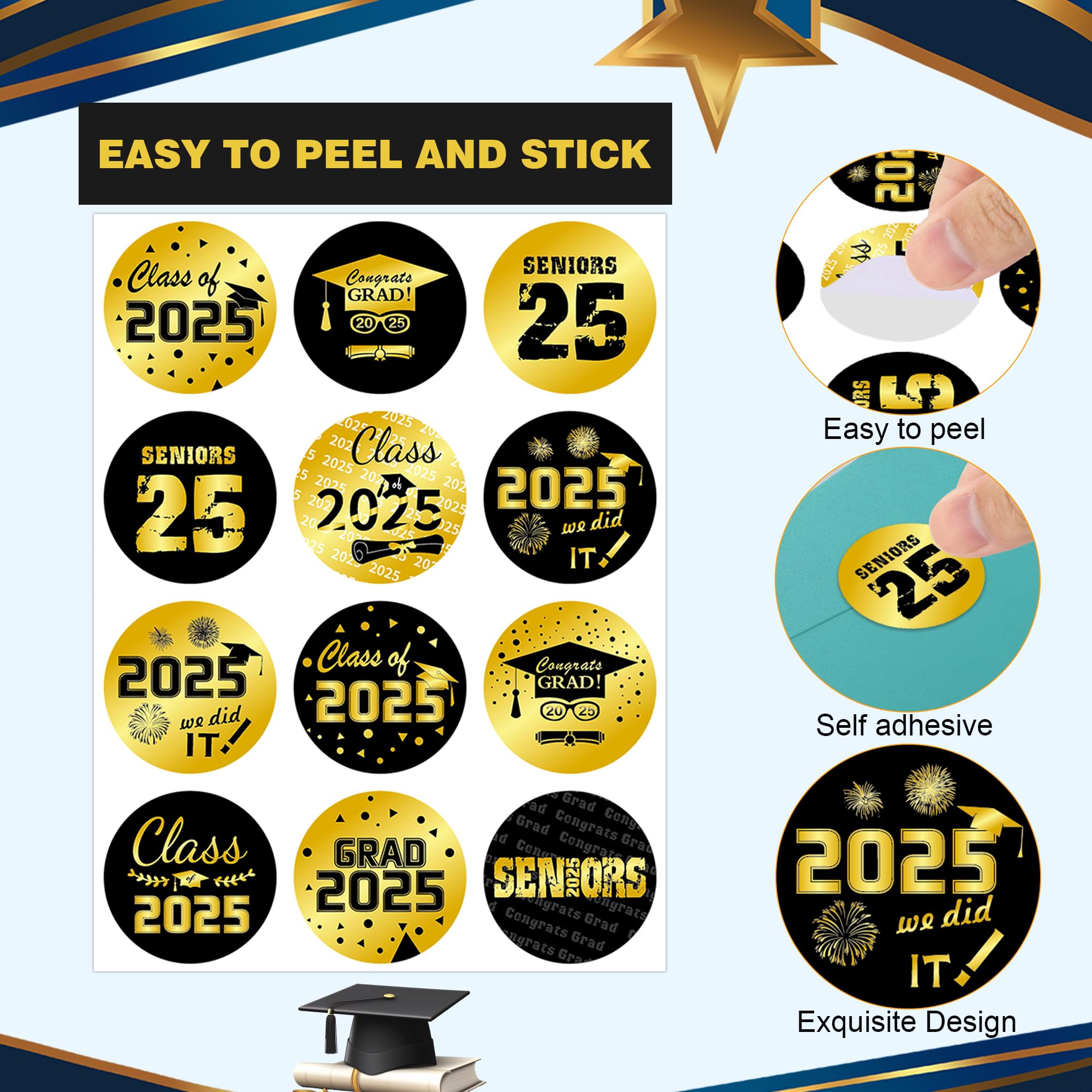 Lucleag 360 PCS 2025 Graduation Stickers - Class of 2025 Gold & Black Round Seal Stickers for Envelopes, Cards, Party Decorations - Perfect for Graduation Invitations, Diploma Covers, Candy Wraps and School Celebration Supplies