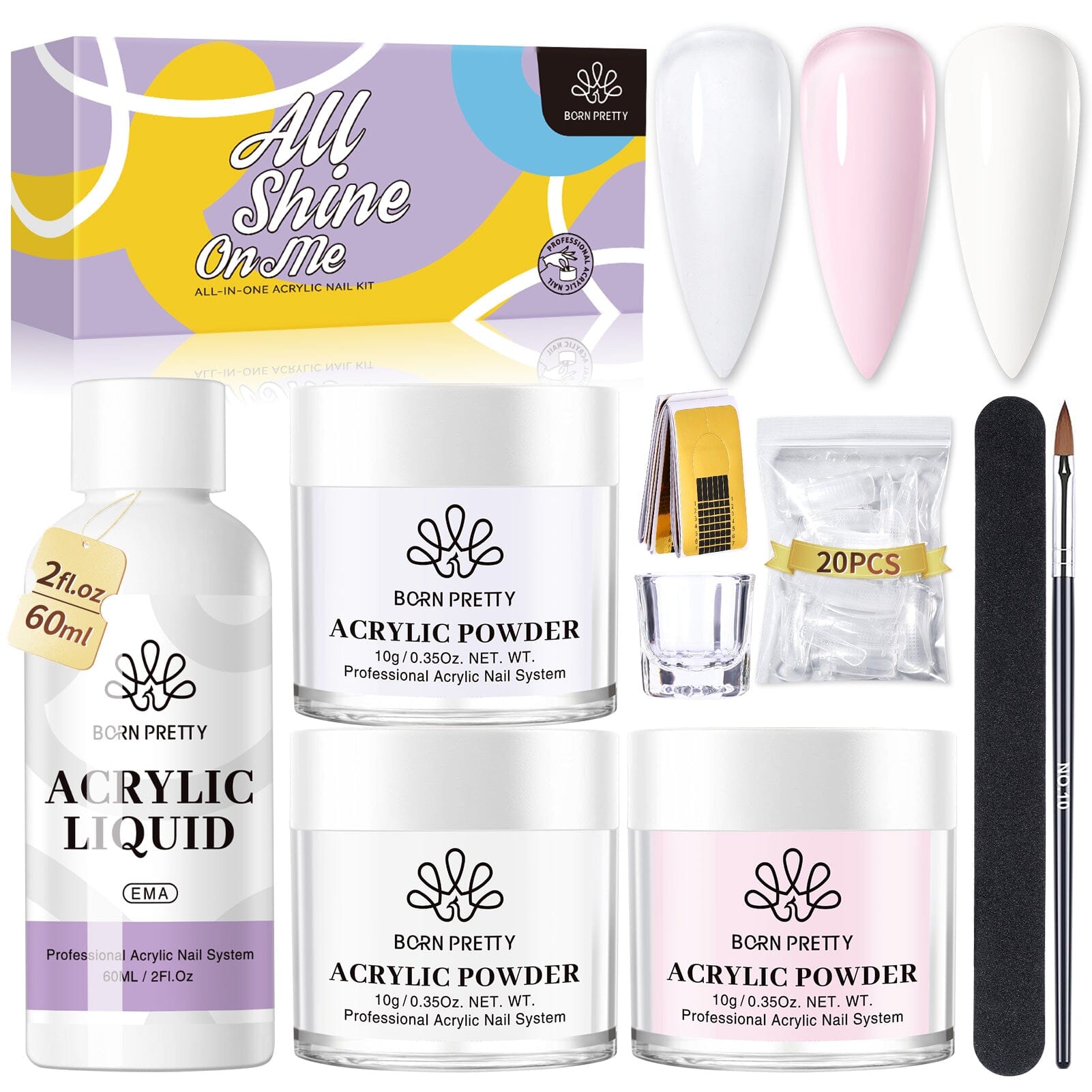 3 Colors Acrylic Powder Kit - Clear, White & Pink Nail Dip Powder (10g Each) for Professional Nail Art & DIY Manicures at Home