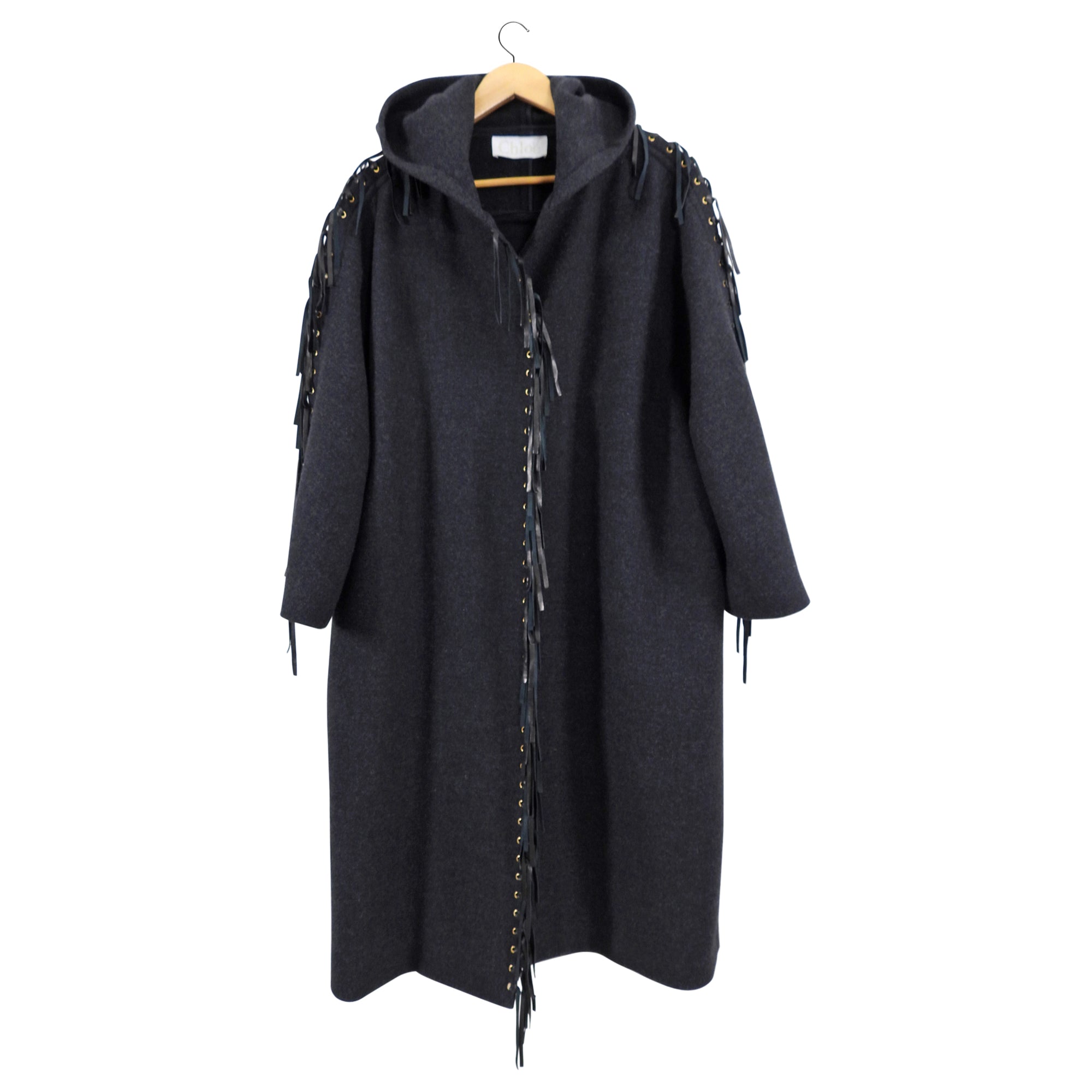 Chloe Charcoal Grey Wool Belted Coat with Leather Fringe - Women's Winter Trench Coat Size FR38 (S/M) for Office, Travel & Formal Occasions