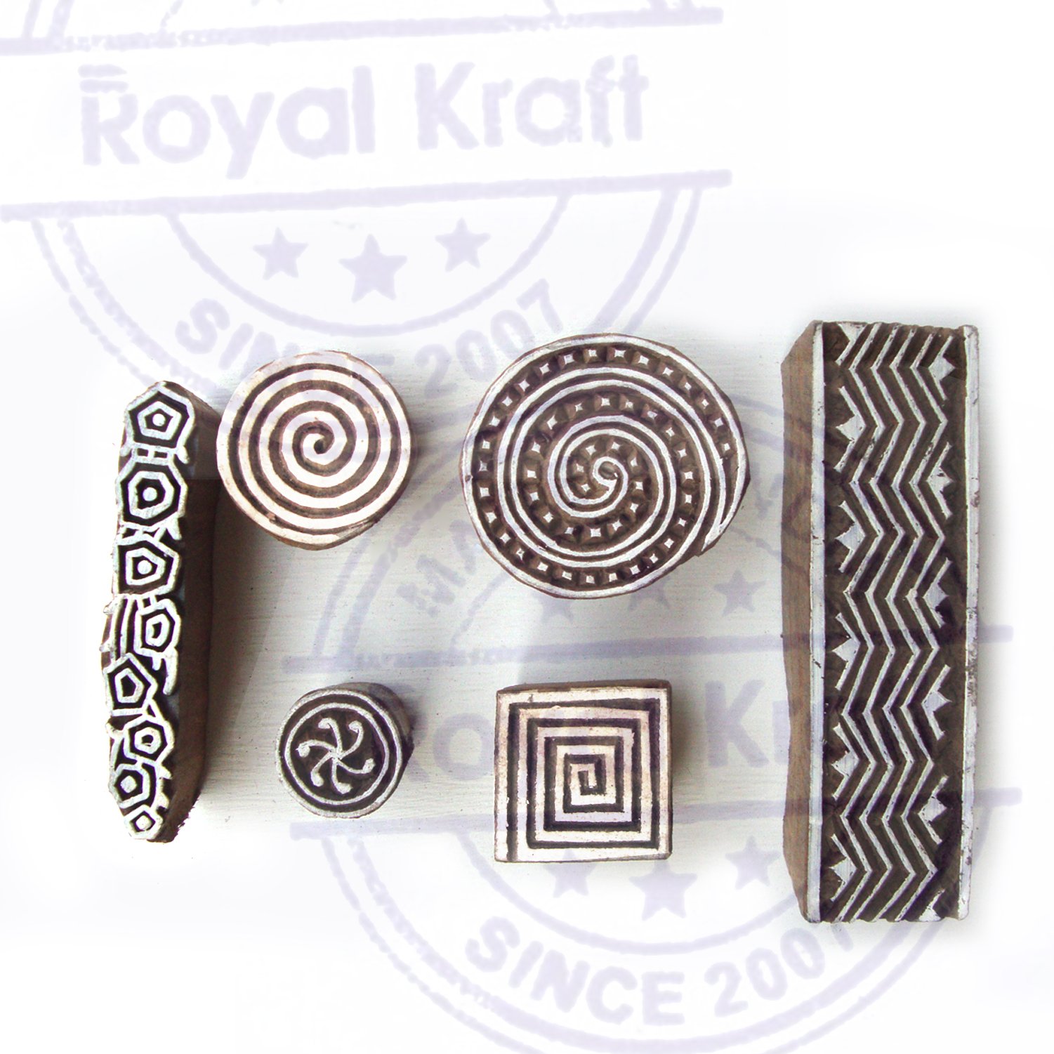 6-Piece Wooden Printing Stamp Set with Spiral & Geometric Patterns - DIY Scrapbooking, Card Making & Gift Wrapping Crafts