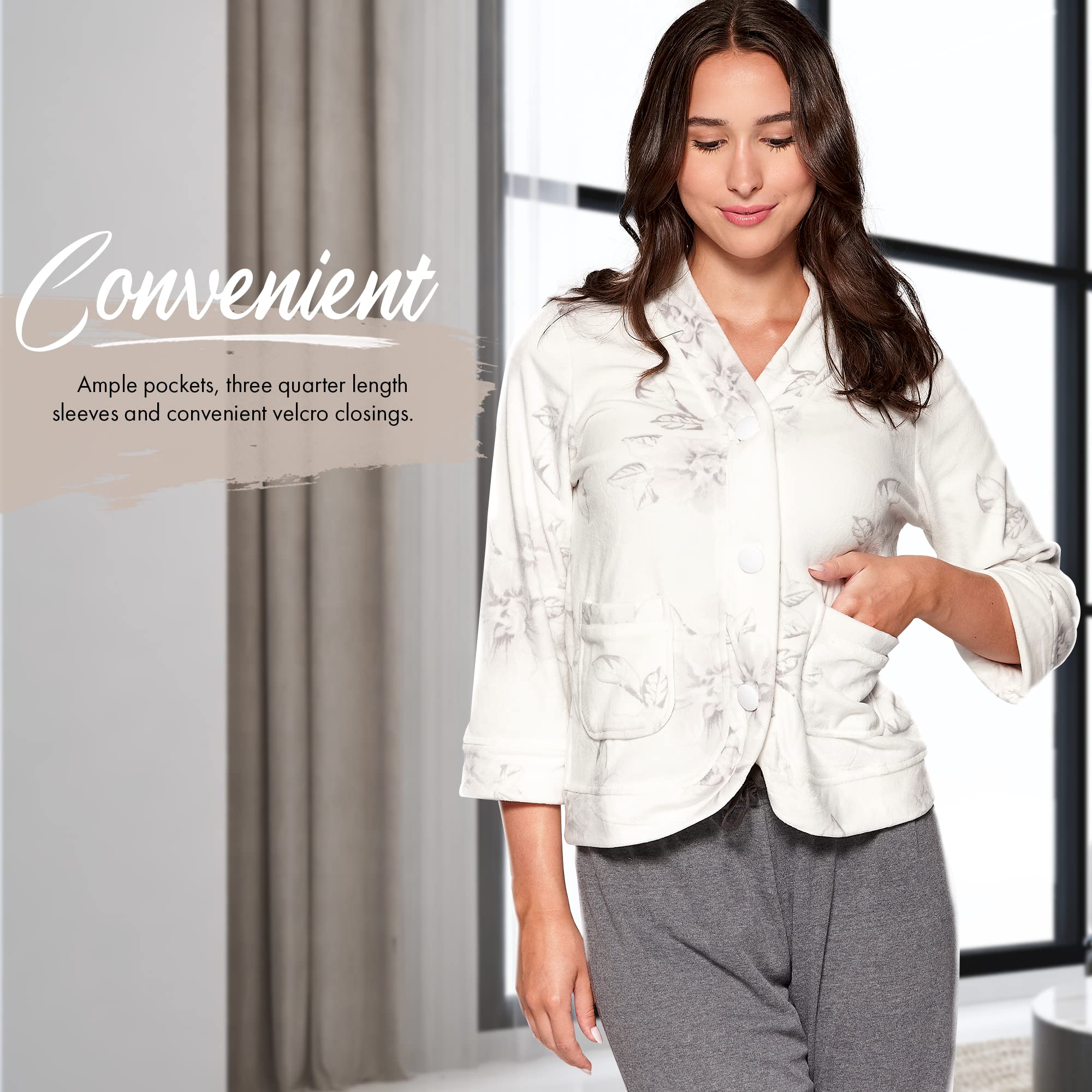 Women's Casual Bed Jacket with Velcro Openings - Soft Comfortable Loungewear for Relaxing at Home, Nursing, or Post-Surgery Recovery