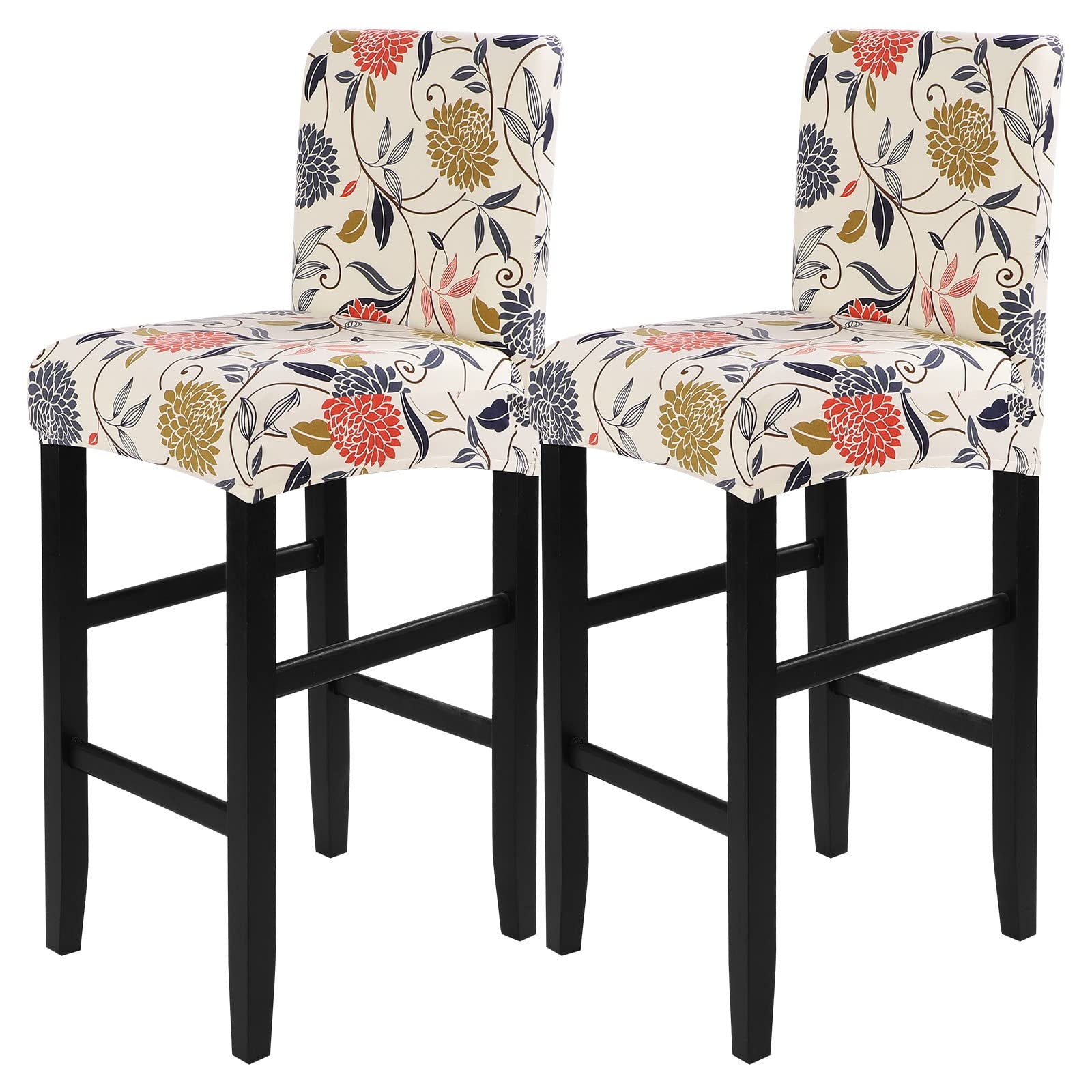 Stretch Washable Bar Stool Covers Set of 2 - Counter Height Chair Seat Covers for Kitchen, Dining Room & Cafe - Orange Floral Design - Perfect for Home Decor & Restaurant Use