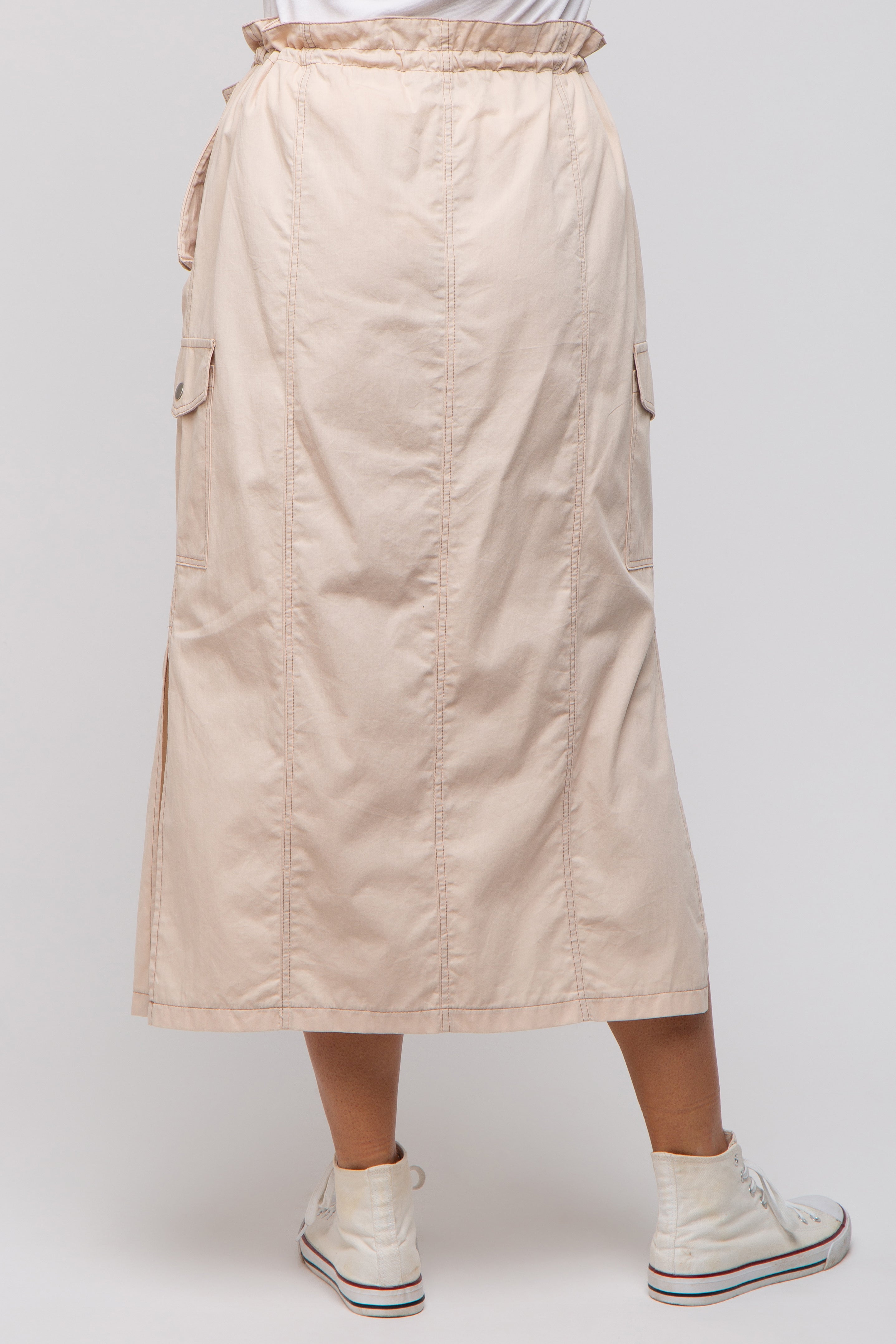 Beige Cargo Cinched Midi Skirt for Women - High Waisted Utility Skirt with Pockets | Perfect for Casual Outfits, Streetwear & Outdoor Adventures