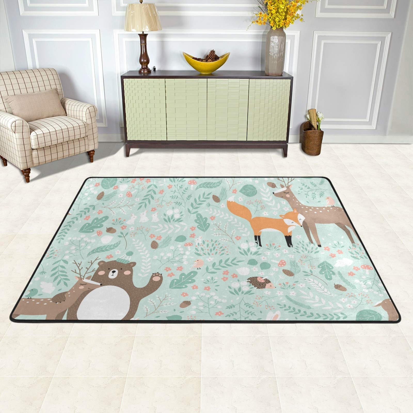 4'x6' Kids Playmat - Non-Slip Washable Memory Foam Rug for Bedroom & Playroom - Forest Animal Design