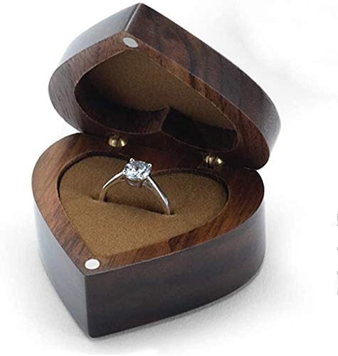 DSHOM Black Walnut Wooden Engagement Ring Box - Solid Wood Heart Shaped Jewelry Case for Proposal, Wedding & Anniversary - Perfect for Romantic Surprises, Wedding Proposals & Gift Giving