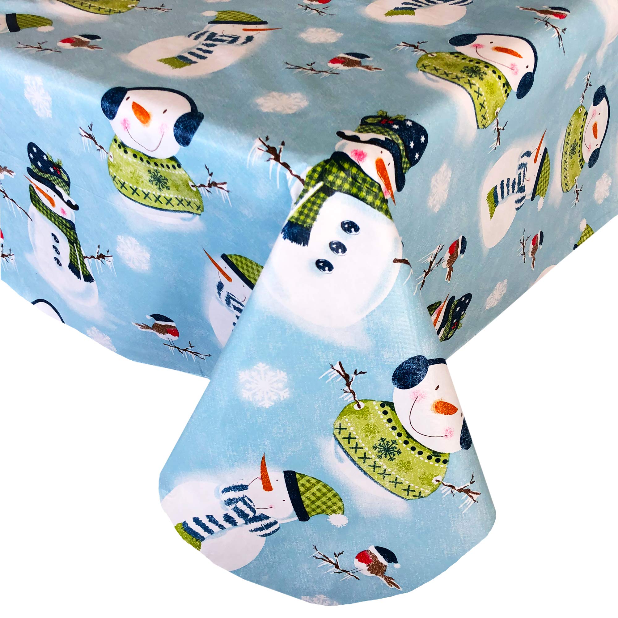 Newbridge Blue Snowman Print Flannel Back Vinyl Christmas Tablecloth - Cute Holiday Design with Sweater-Clad Snowmen | 52x52 Inch Square Wipe-Clean Table Cover for Winter Parties & Festive Dining Decor