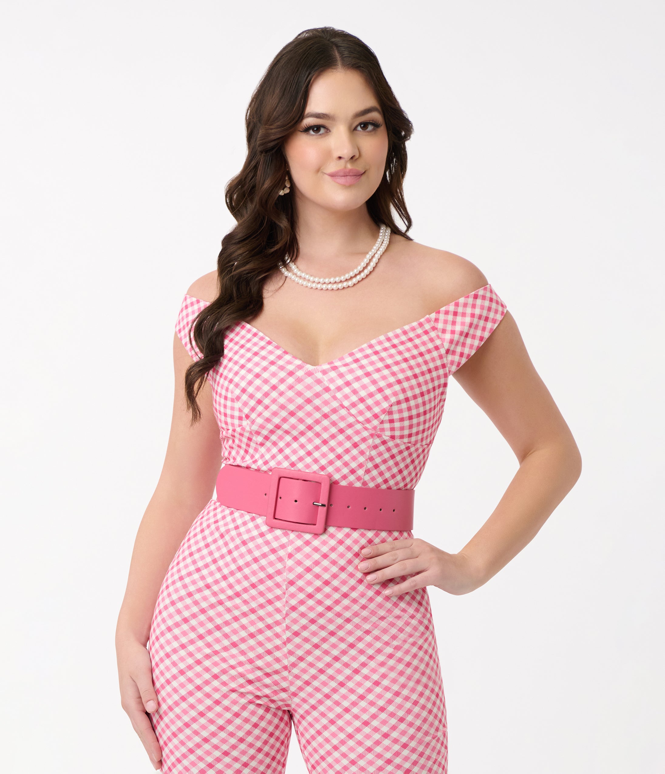 Vintage 1960s Pink & White Gingham Off Shoulder Blouse - Retro Floral Summer Top for Women | Perfect for Beach Outings, Music Festivals & Vintage-Themed Parties