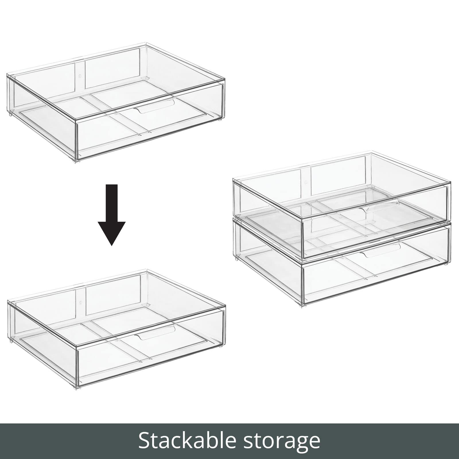 mDesign Wide Plastic Stackable Bathroom Storage Organizer Bin with Pull-Out Drawer - 2 Pack Clear - Cabinet, Vanity, Shelf & Closet Organization - Perfect for Bathroom, Bedroom & Laundry Room Storage Solutions