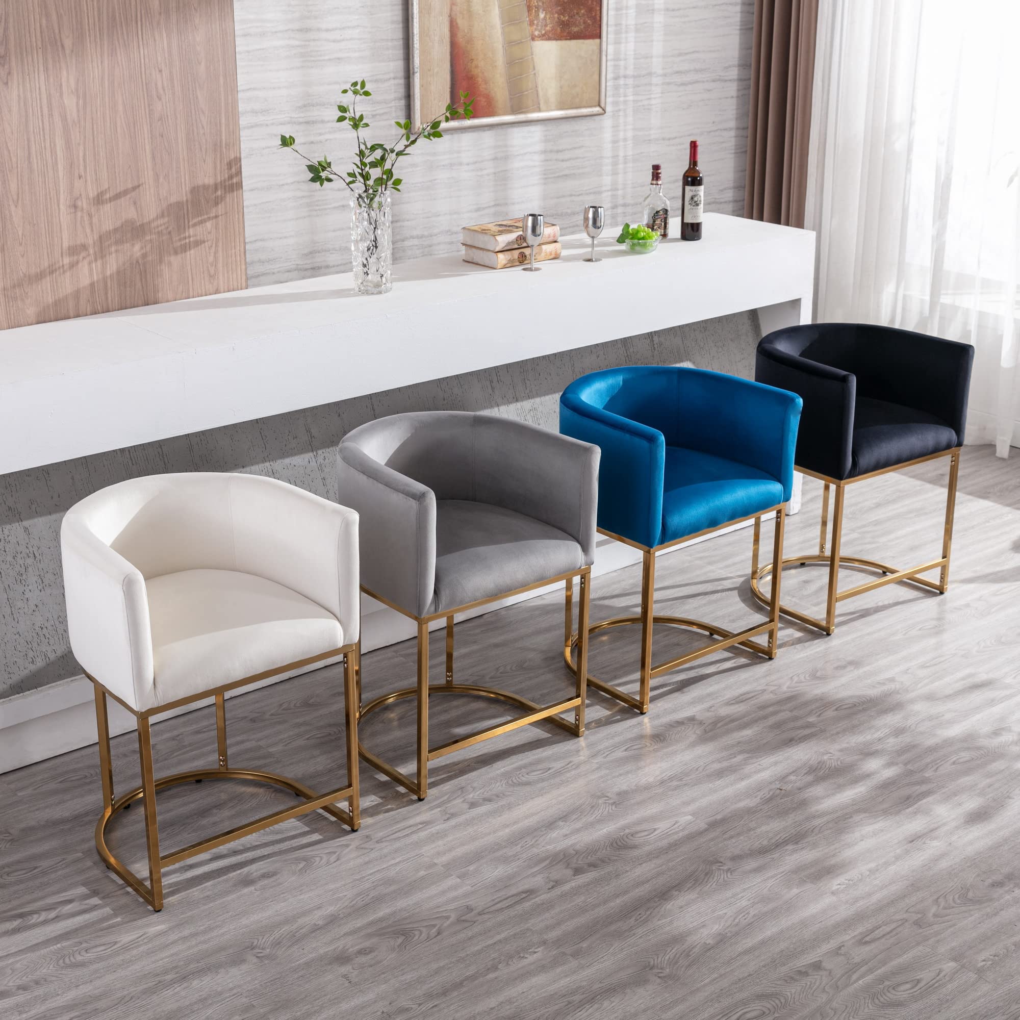 Modern Velvet Upholstered Bar Stools Set of 2 - 24 Inch Counter Height Kitchen Island Stools with Gold Metal Frame - Gray Bar Chairs for Dining Room, Kitchen Counter, Breakfast Nook & Home Decor