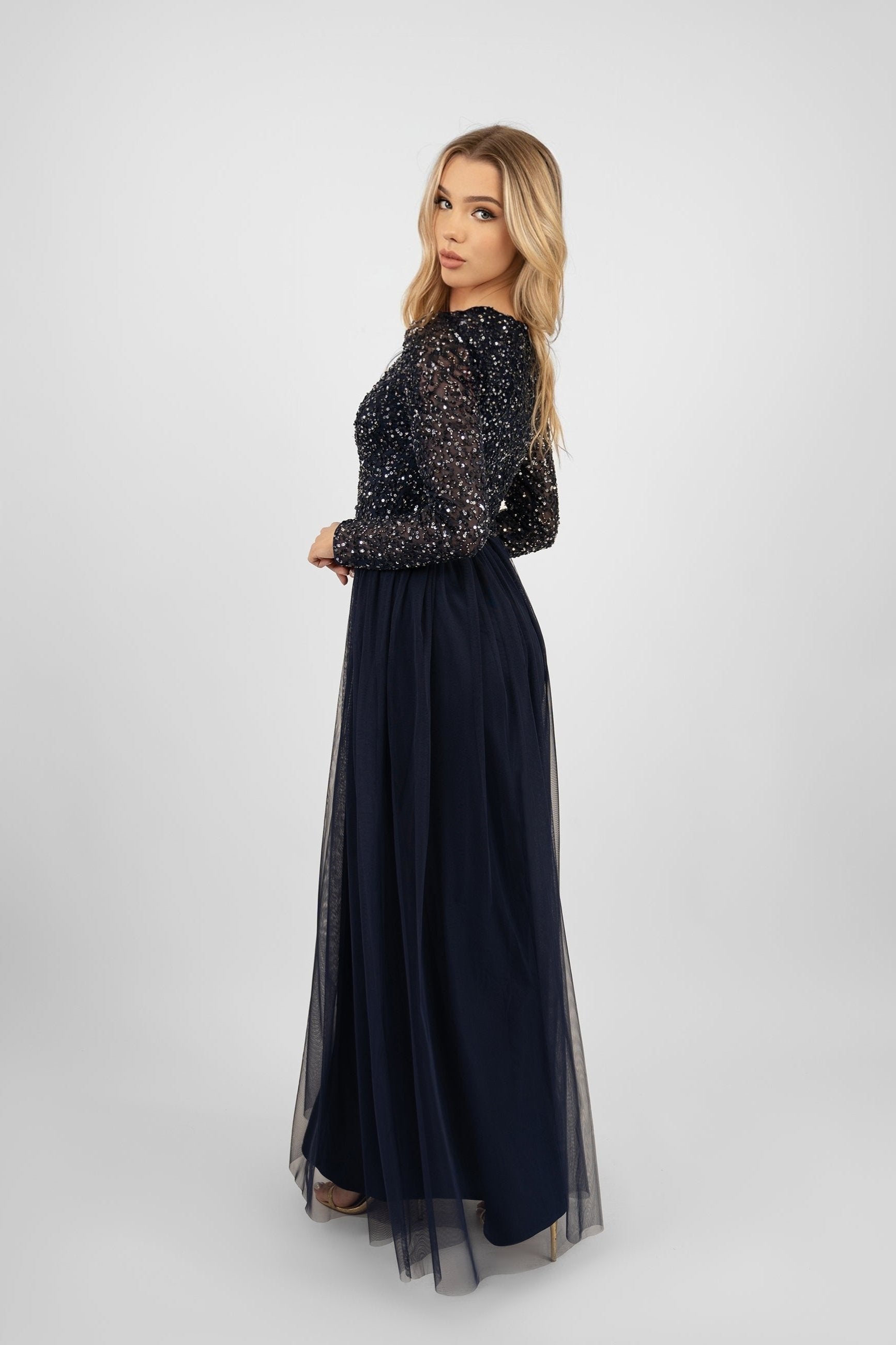 Elegant Navy Blue Long Sleeve Bridesmaid Dress for Weddings - Formal Evening Gowns for Bridal Party, Prom & Special Occasions
