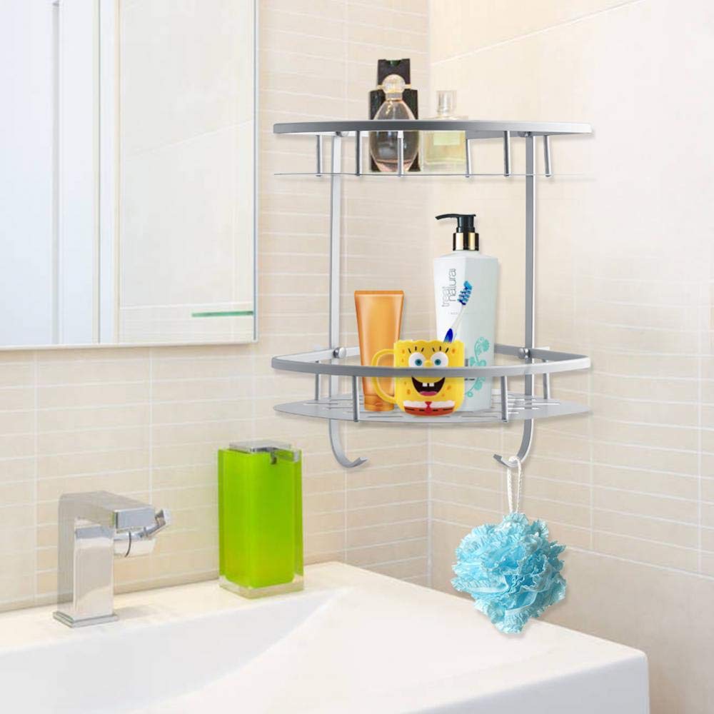 2-Tier Triangular Shower Caddy Shelf - 14.1x8.6x11.7 Inch Aluminum Tension Pole Corner Storage Basket for Bathroom & Kitchen - Perfect for Organizing Shampoo, Soap, and Bath Essentials in Small Spaces