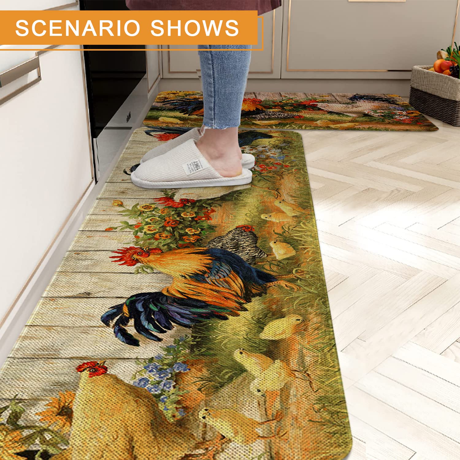Farmhouse Kitchen Rugs and Mats Set of 2 - Non-Slip Washable Floor Mats with Rooster Design for Farmhouse Decor (17x29 & 17x47 Inch) - Perfect for Kitchen, Entryway, and Laundry Room Floor Protection