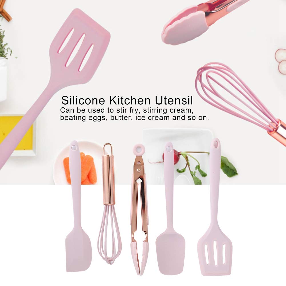 5-Piece Silicone Kitchen Utensil Set - Mini Baking Scrapers & Egg Beater with Rose Gold Handles - Safe Non-Toxic Children's Baking Tools for Cake Decorating, Cookie Dough, and DIY Dessert Making