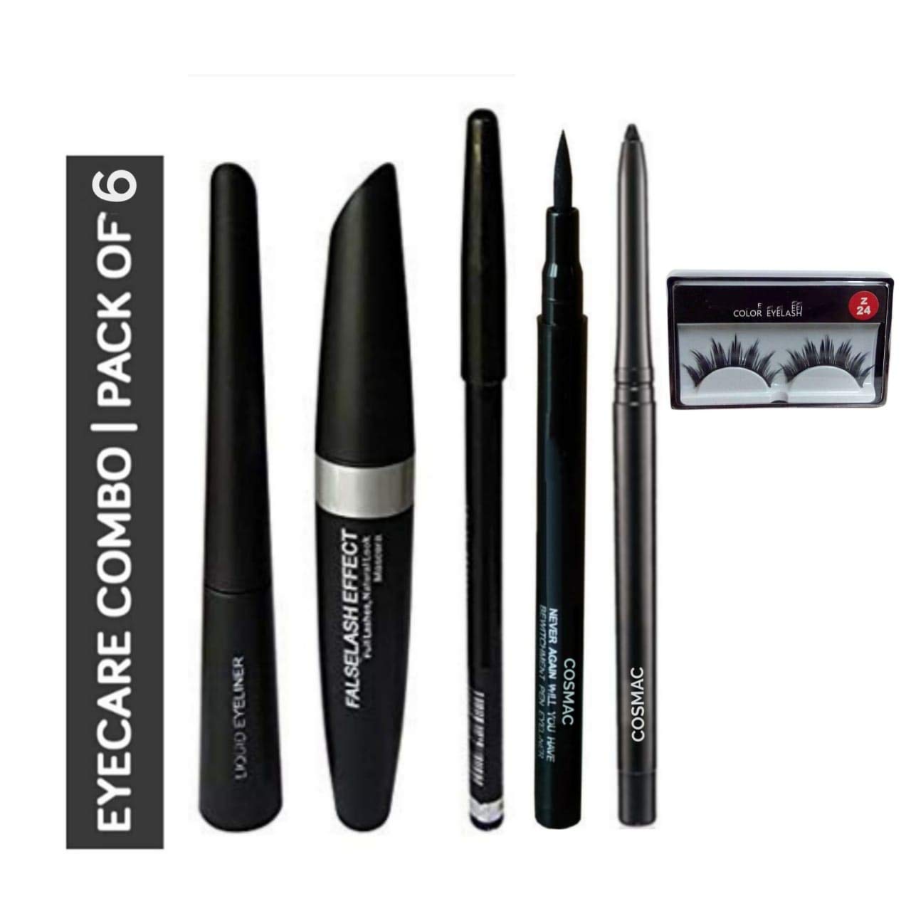 Cosmac Professional 6-Piece Waterproof Makeup Set - Black Eyeliner, Mascara, Eyebrow Pencil, Kajal, Sketch Eyeliner & False Lashes | Matte Finish | Perfect for Daily Use, Parties & Special Occasions
