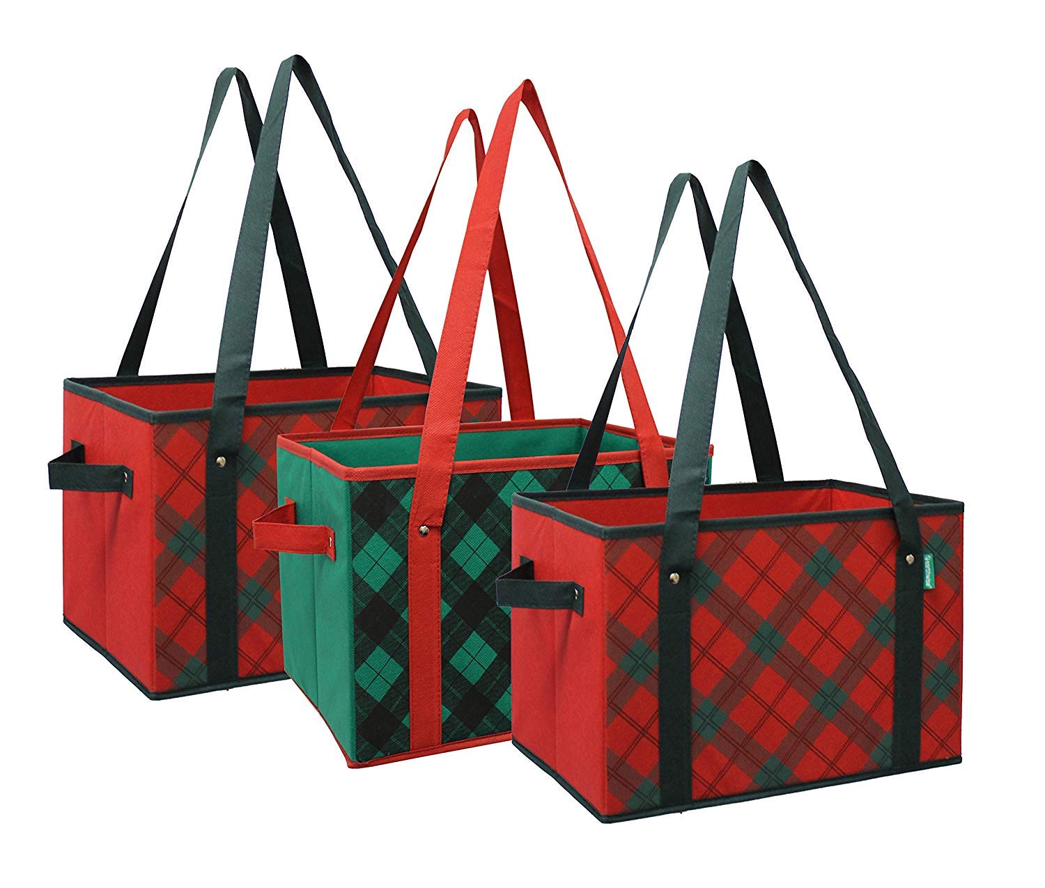 Earthwise Deluxe Collapsible Reusable Shopping Box Set - 3 Pack Grocery Bags with Reinforced Bottom, Holiday Plaid Design for Christmas Storage | Perfect for Grocery Shopping, Pantry Organization & Gift Wrapping