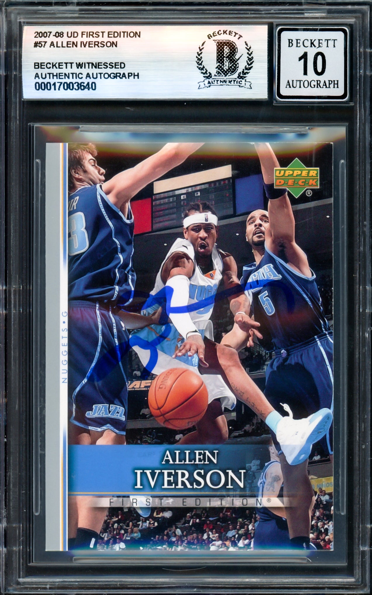 Allen Iverson Autographed 2007-08 Upper Deck First Edition Basketball Card #57 Denver Nuggets - Beckett BAS Gem Mint 10 Grade with Witness #17003640 - Perfect for NBA Memorabilia Collectors and Sports Fans Display